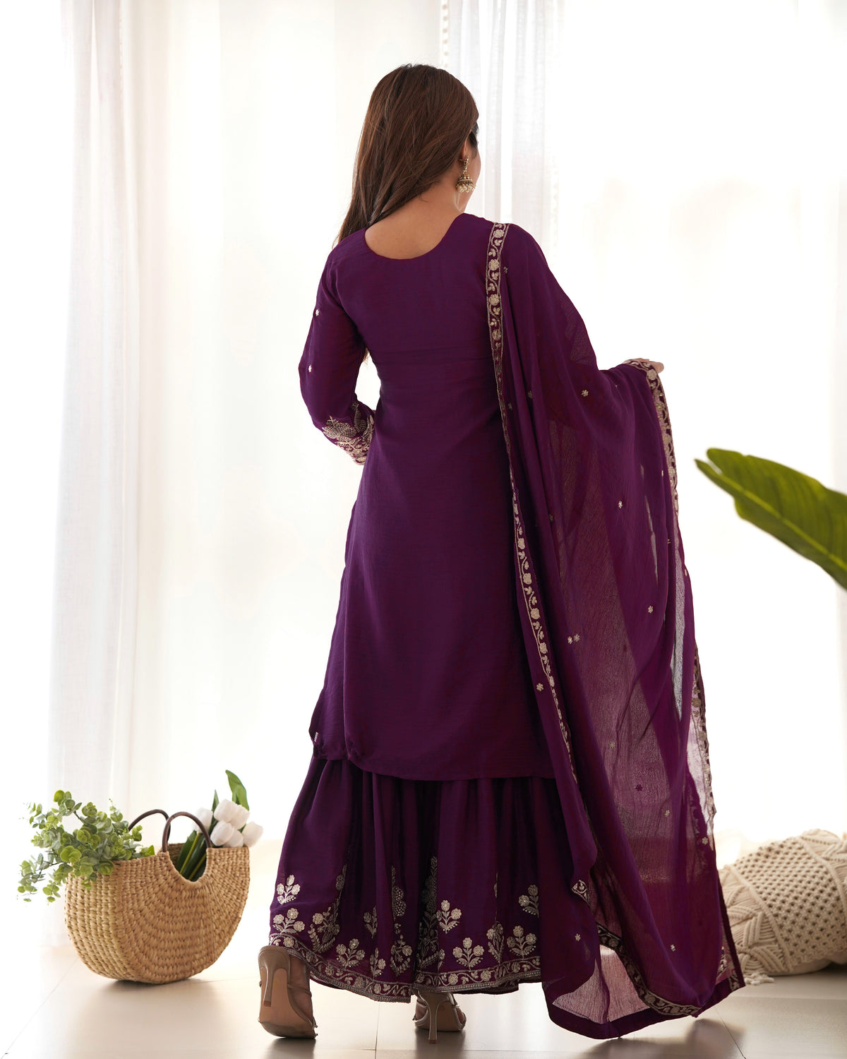 Chinnon Silk Embroidered Kediya Kurta Sharara Set with Dupatta