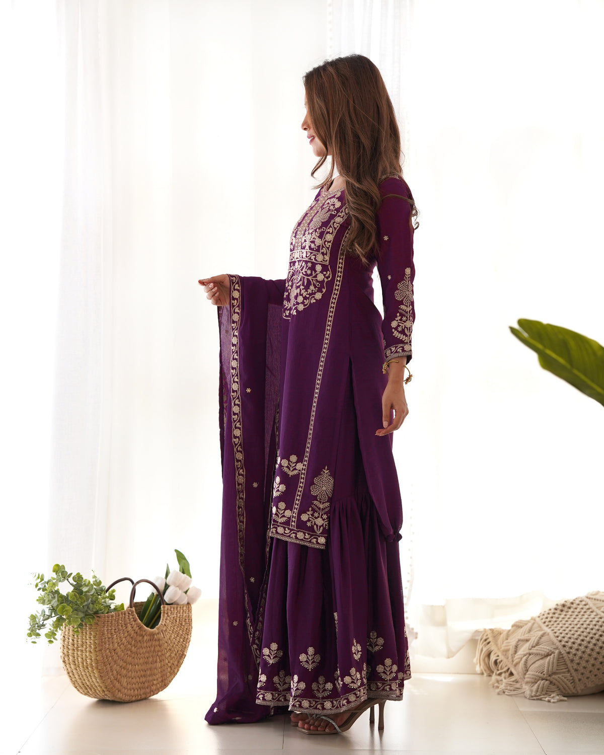 Chinnon Silk Embroidered Kediya Kurta Sharara Set with Dupatta