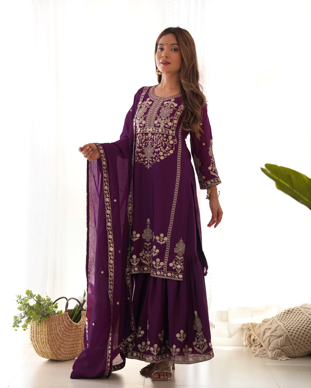 Chinnon Silk Embroidered Kediya Kurta Sharara Set with Dupatta