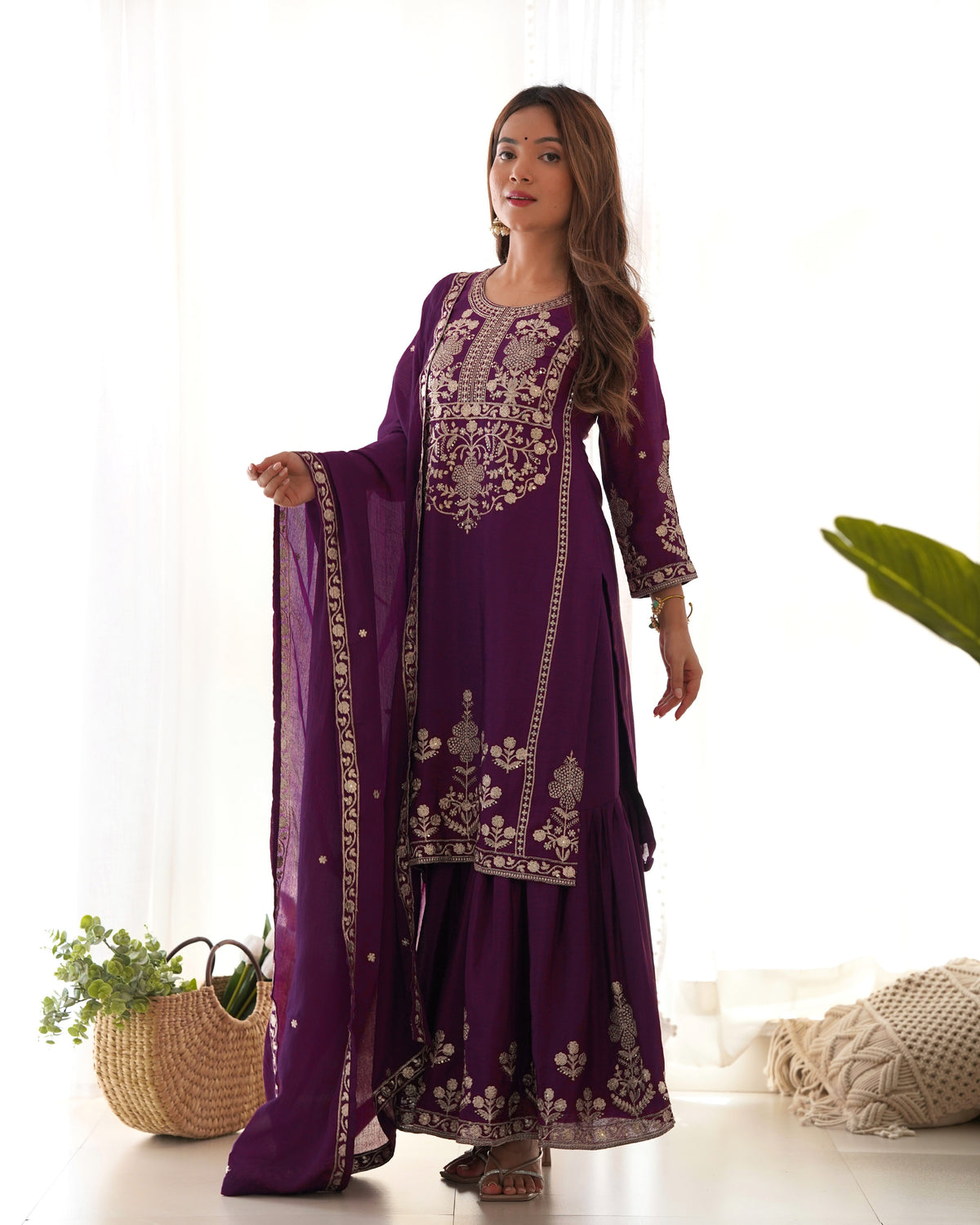 Chinnon Silk Embroidered Kediya Kurta Sharara Set with Dupatta