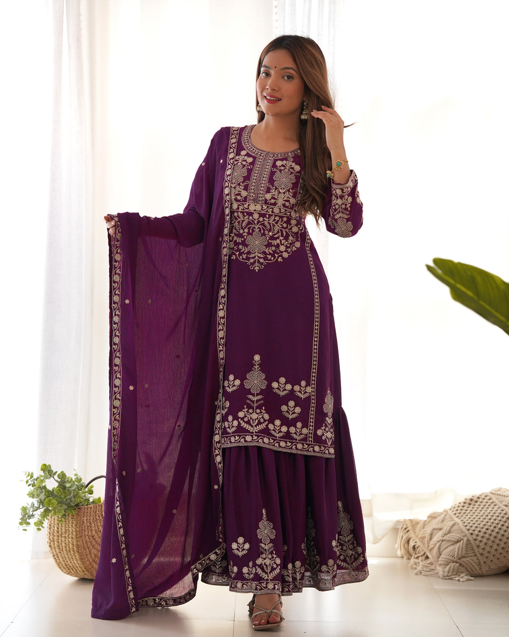 Chinnon Silk Embroidered Kediya Kurta Sharara Set with Dupatta
