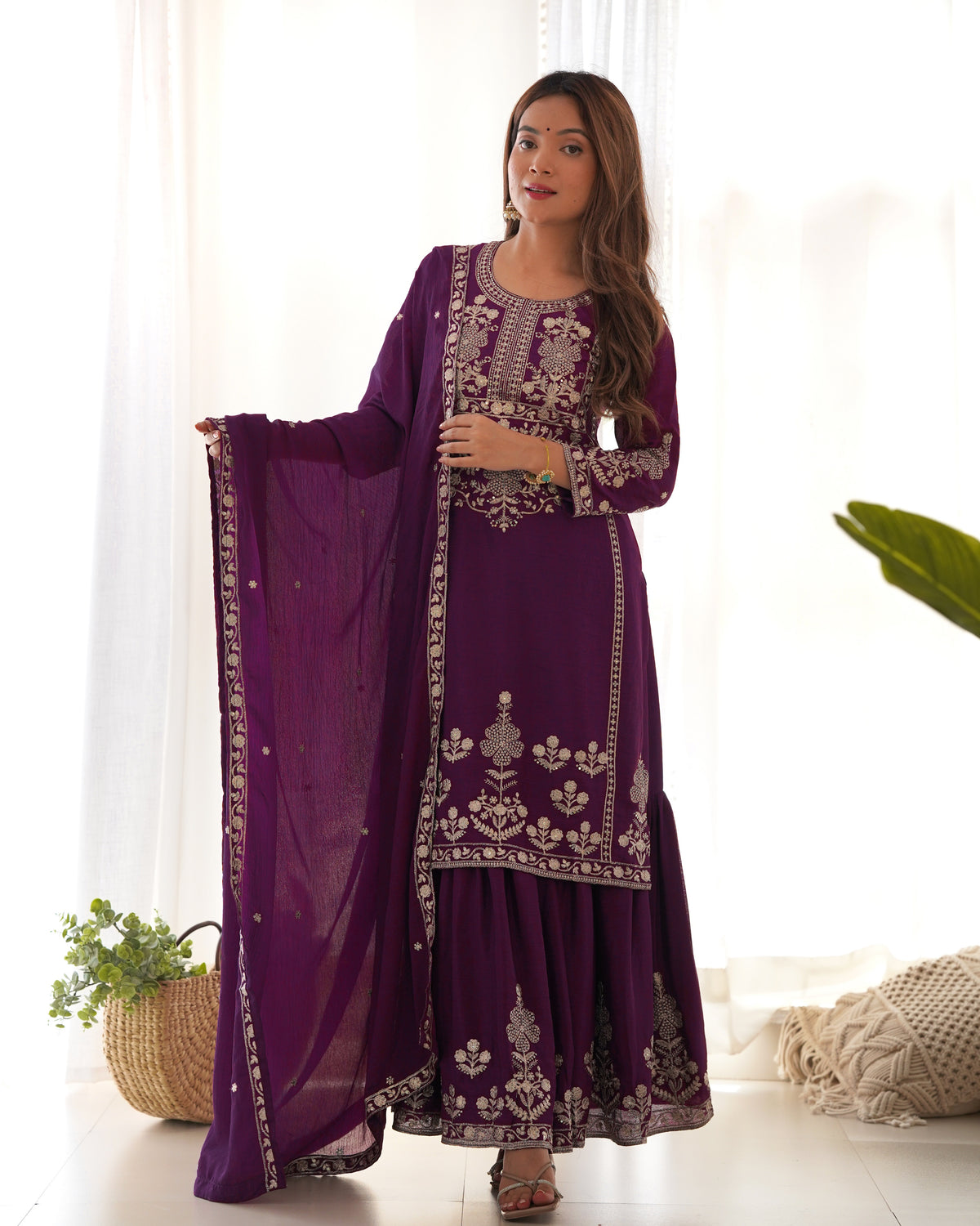 Chinnon Silk Embroidered Kediya Kurta Sharara Set with Dupatta