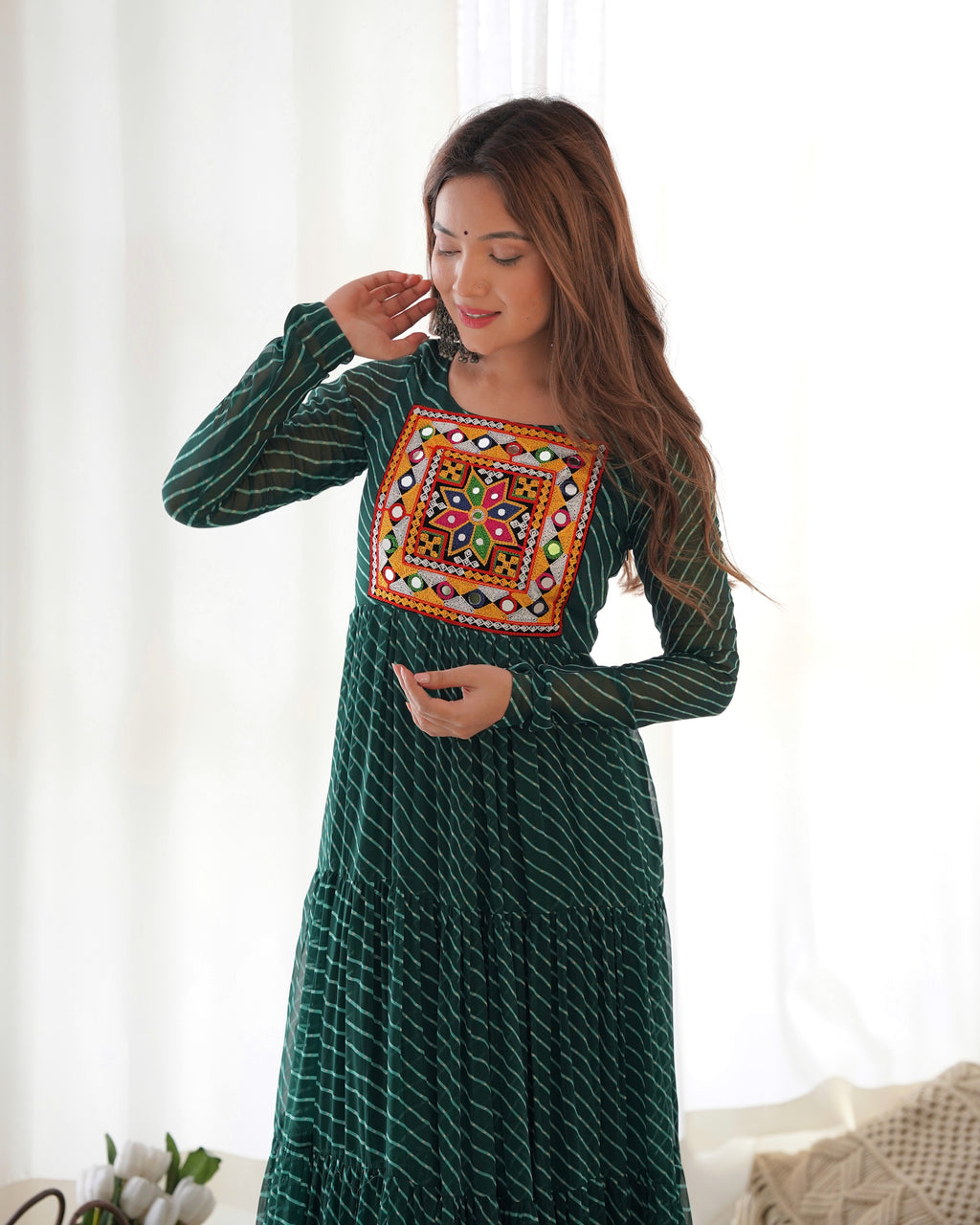 Laheriya Print Faux Georgette 7M+ Flair Anarkali Gown with Gamthi Yoke & Back Dori