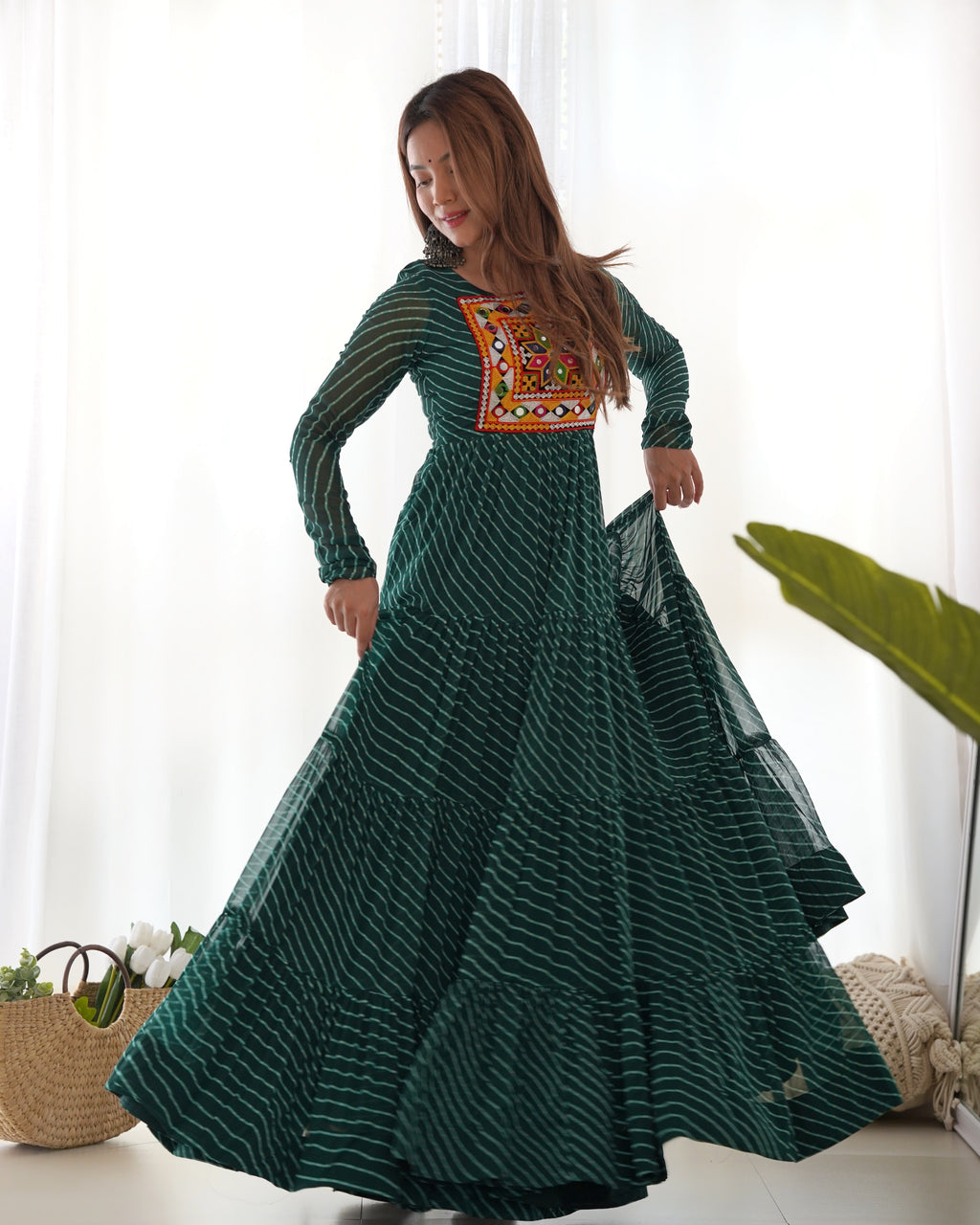 Laheriya Print Faux Georgette 7M+ Flair Anarkali Gown with Gamthi Yoke & Back Dori