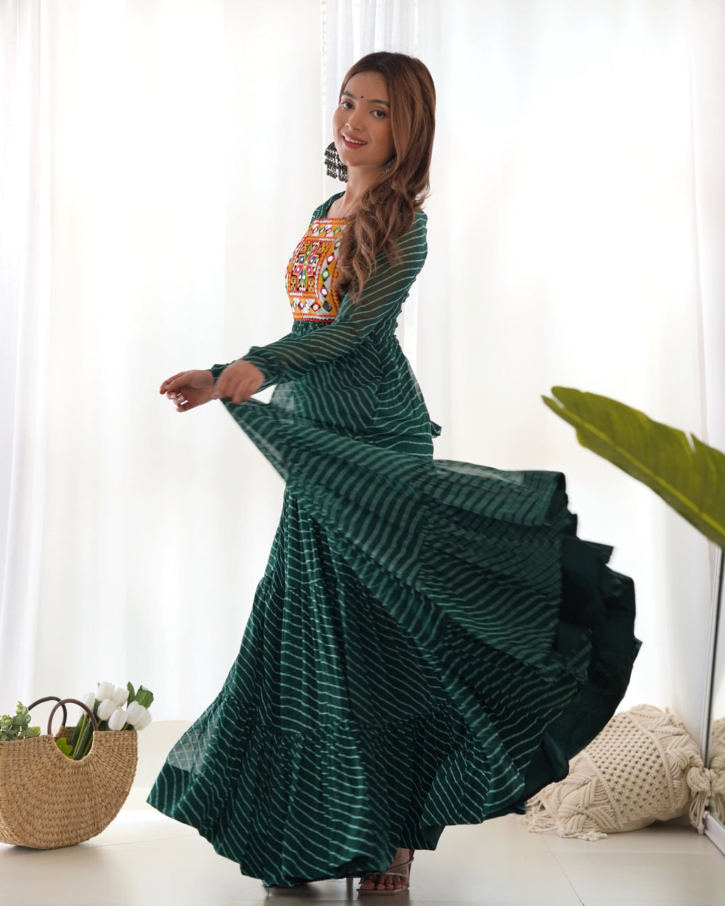 Laheriya Print Faux Georgette 7M+ Flair Anarkali Gown with Gamthi Yoke & Back Dori