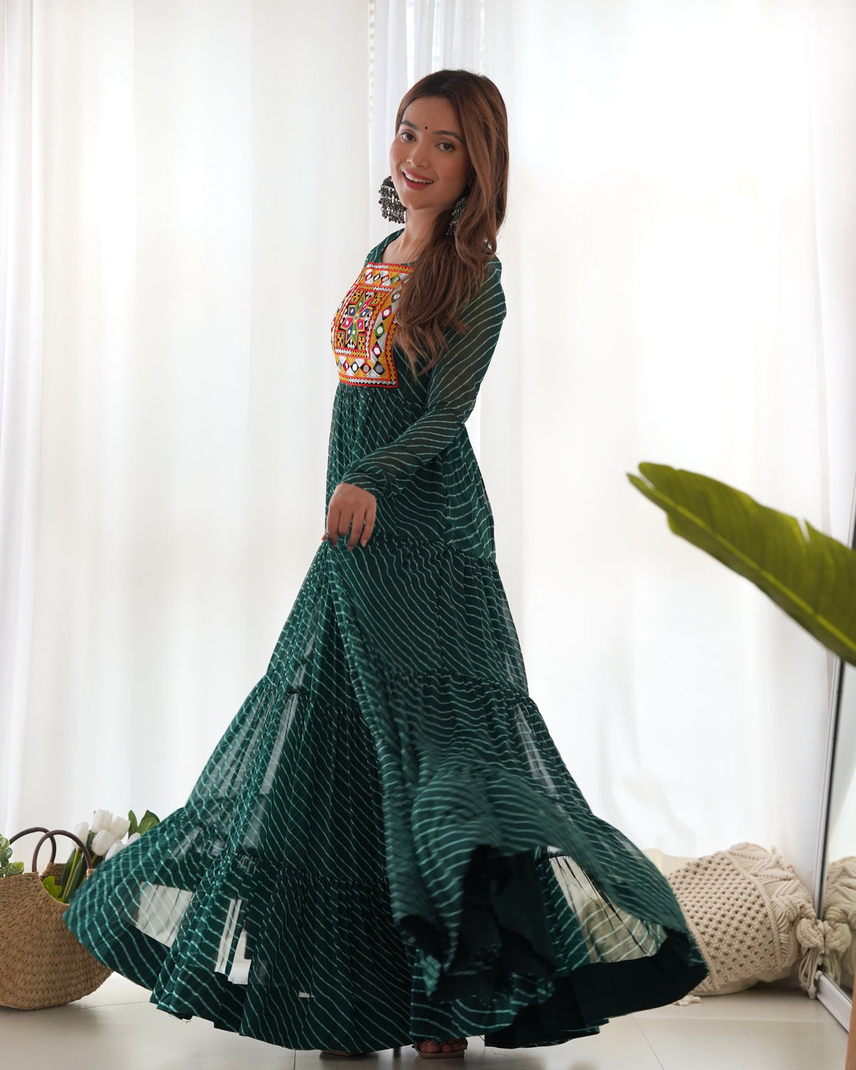 Laheriya Print Faux Georgette 7M+ Flair Anarkali Gown with Gamthi Yoke & Back Dori