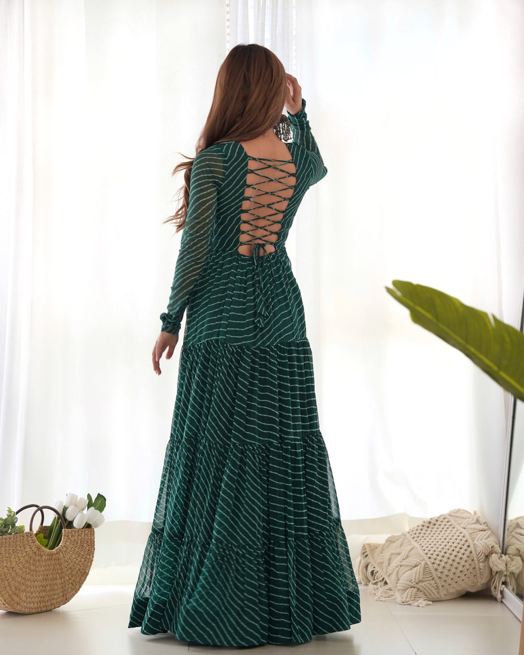 Laheriya Print Faux Georgette 7M+ Flair Anarkali Gown with Gamthi Yoke & Back Dori