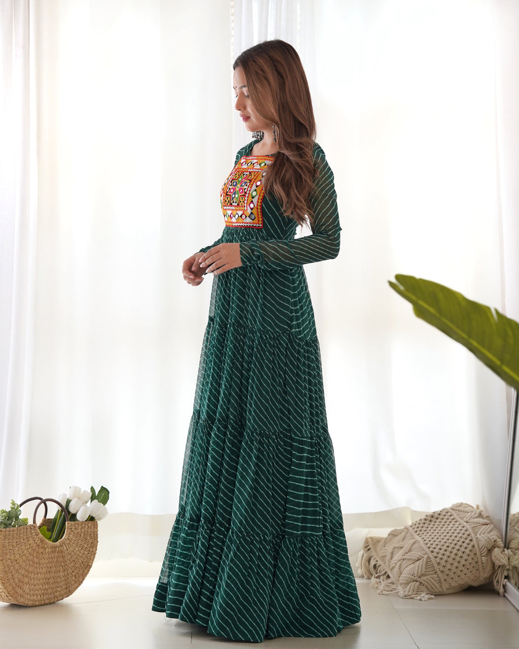 Laheriya Print Faux Georgette 7M+ Flair Anarkali Gown with Gamthi Yoke & Back Dori