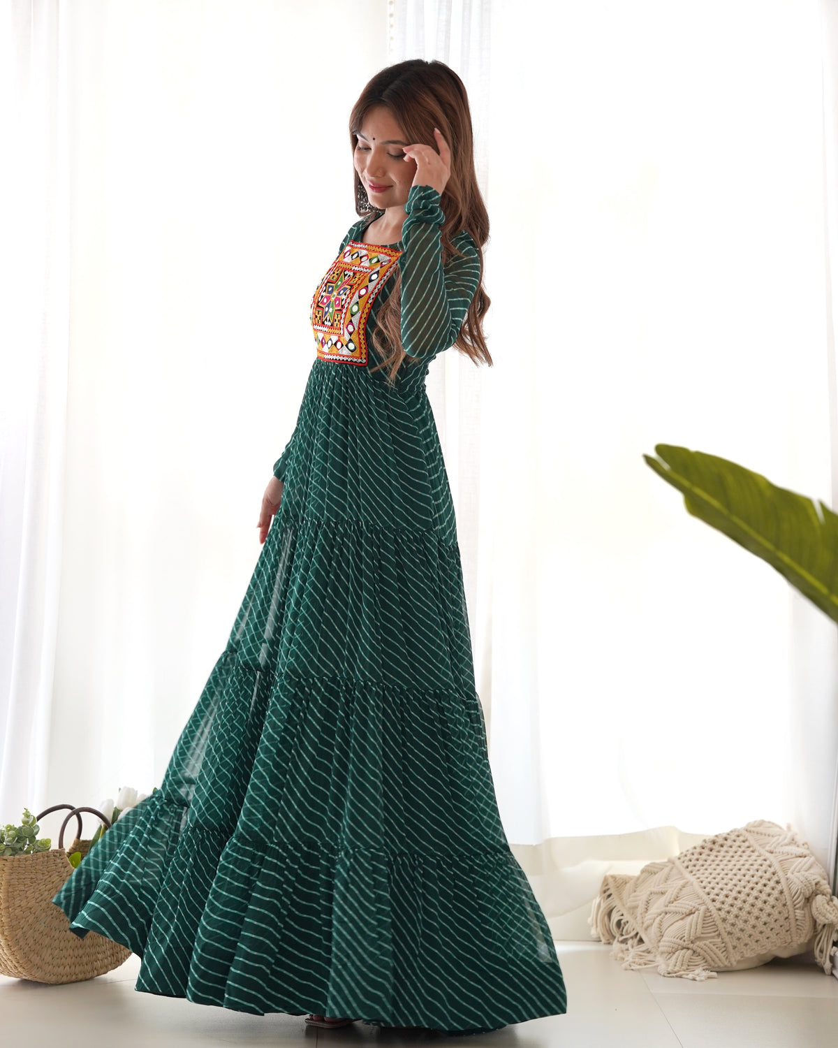 Laheriya Print Faux Georgette 7M+ Flair Anarkali Gown with Gamthi Yoke & Back Dori