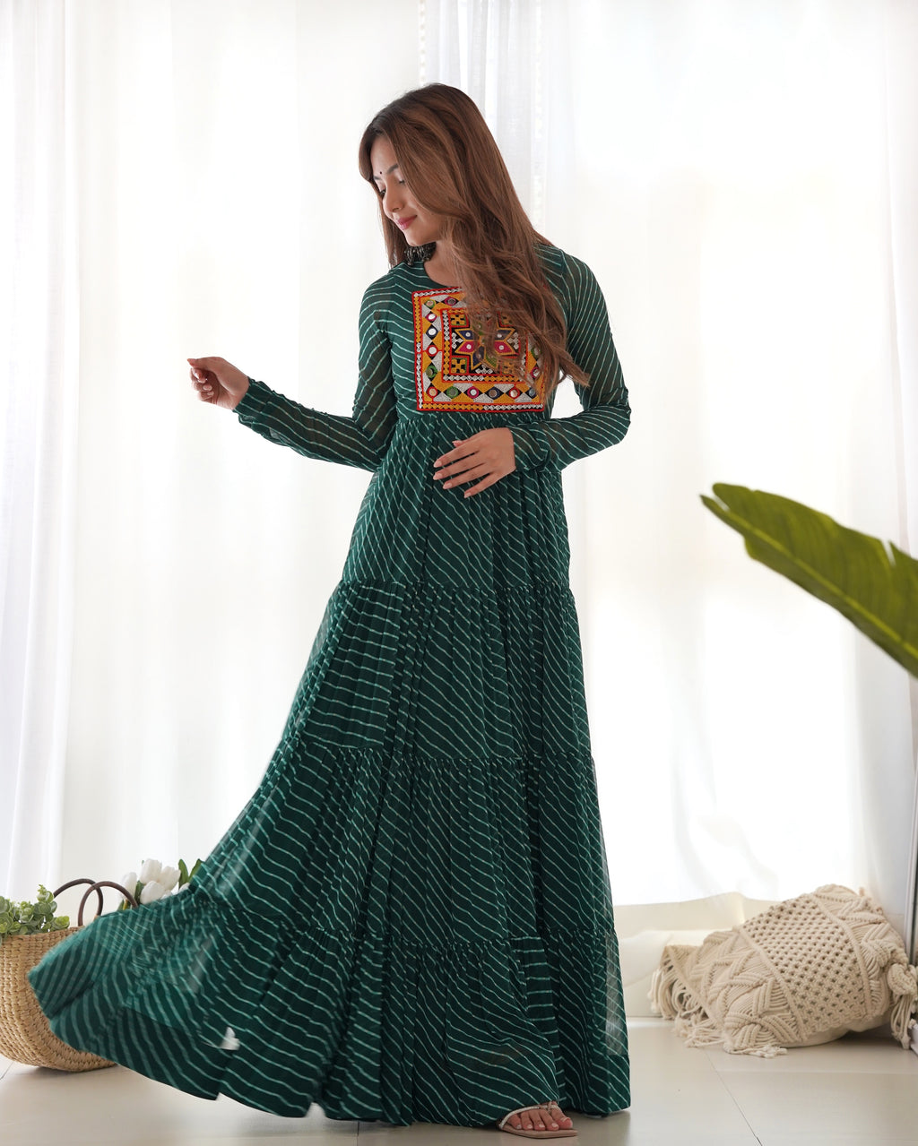 Laheriya Print Faux Georgette 7M+ Flair Anarkali Gown with Gamthi Yoke & Back Dori