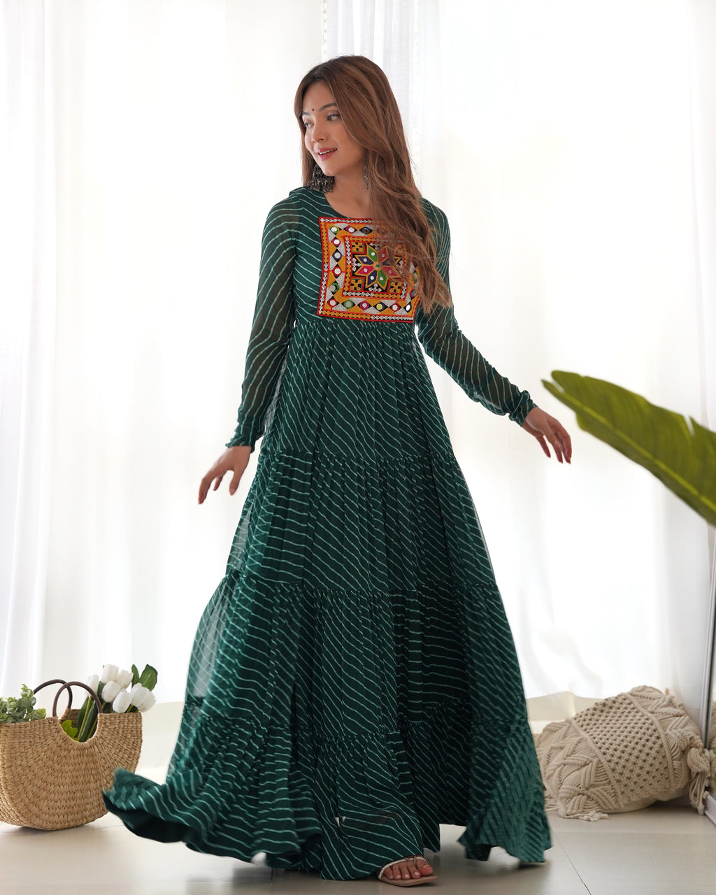 Laheriya Print Faux Georgette 7M+ Flair Anarkali Gown with Gamthi Yoke & Back Dori