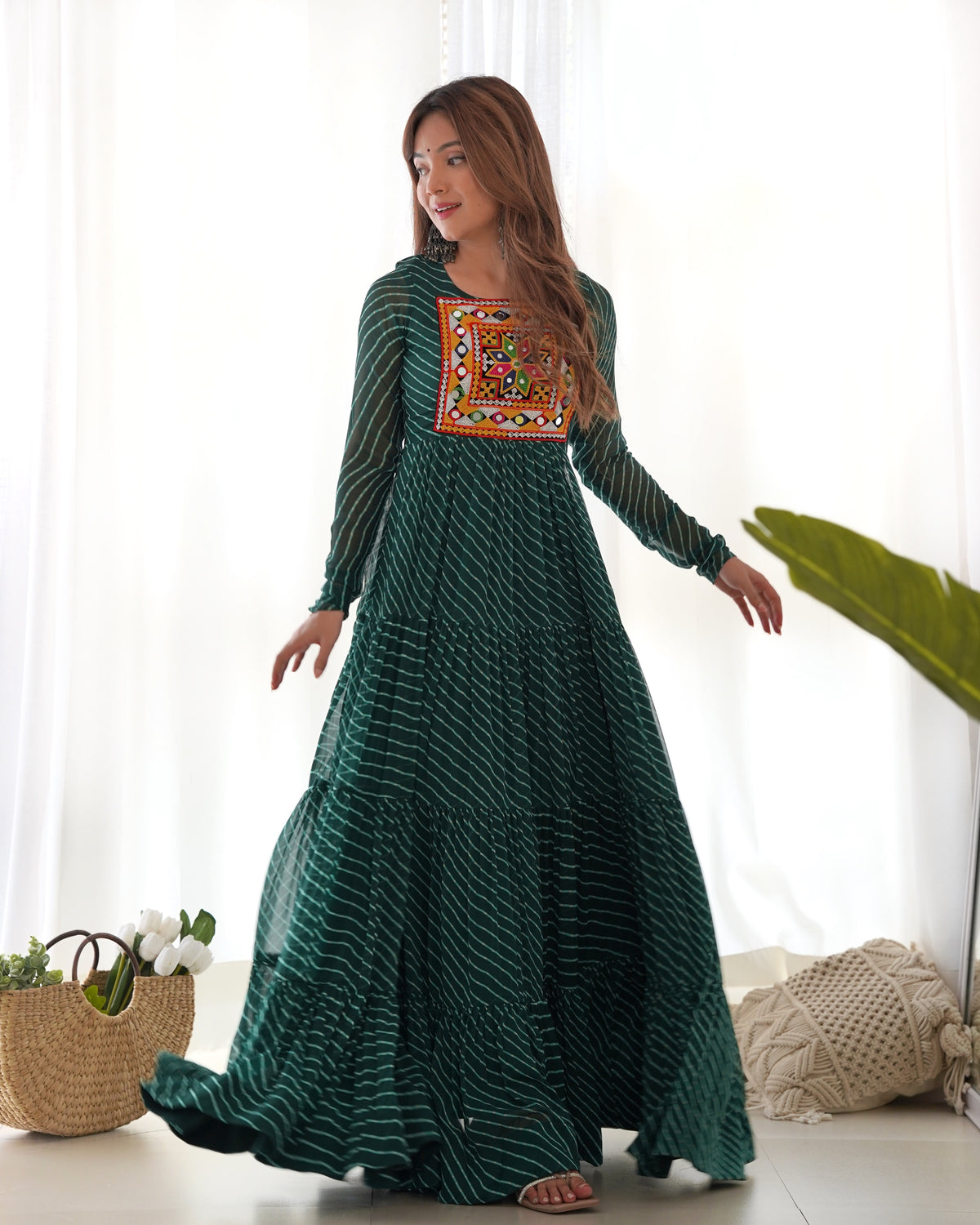Laheriya Print Faux Georgette 7M+ Flair Anarkali Gown with Gamthi Yoke & Back Dori