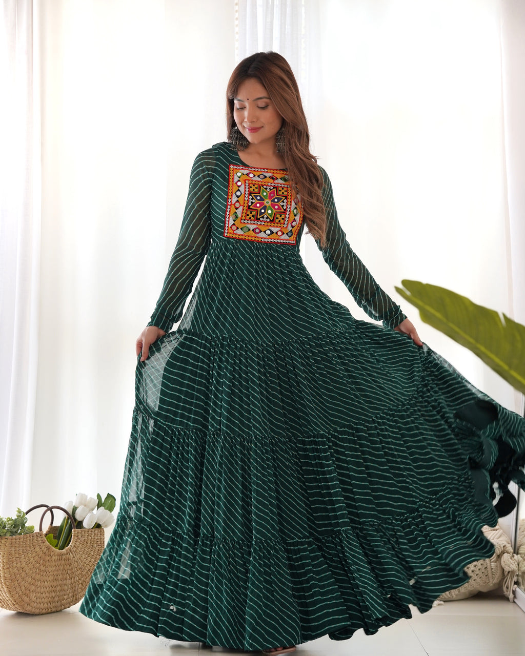 Laheriya Print Faux Georgette 7M+ Flair Anarkali Gown with Gamthi Yoke & Back Dori