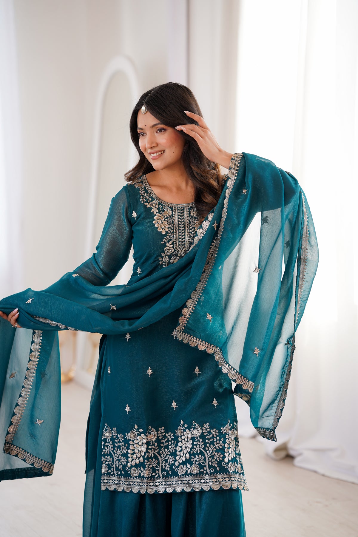 Crunchy Silk Embroidered Sharara Set with Sequin, Thread & Jari Work Dupatta