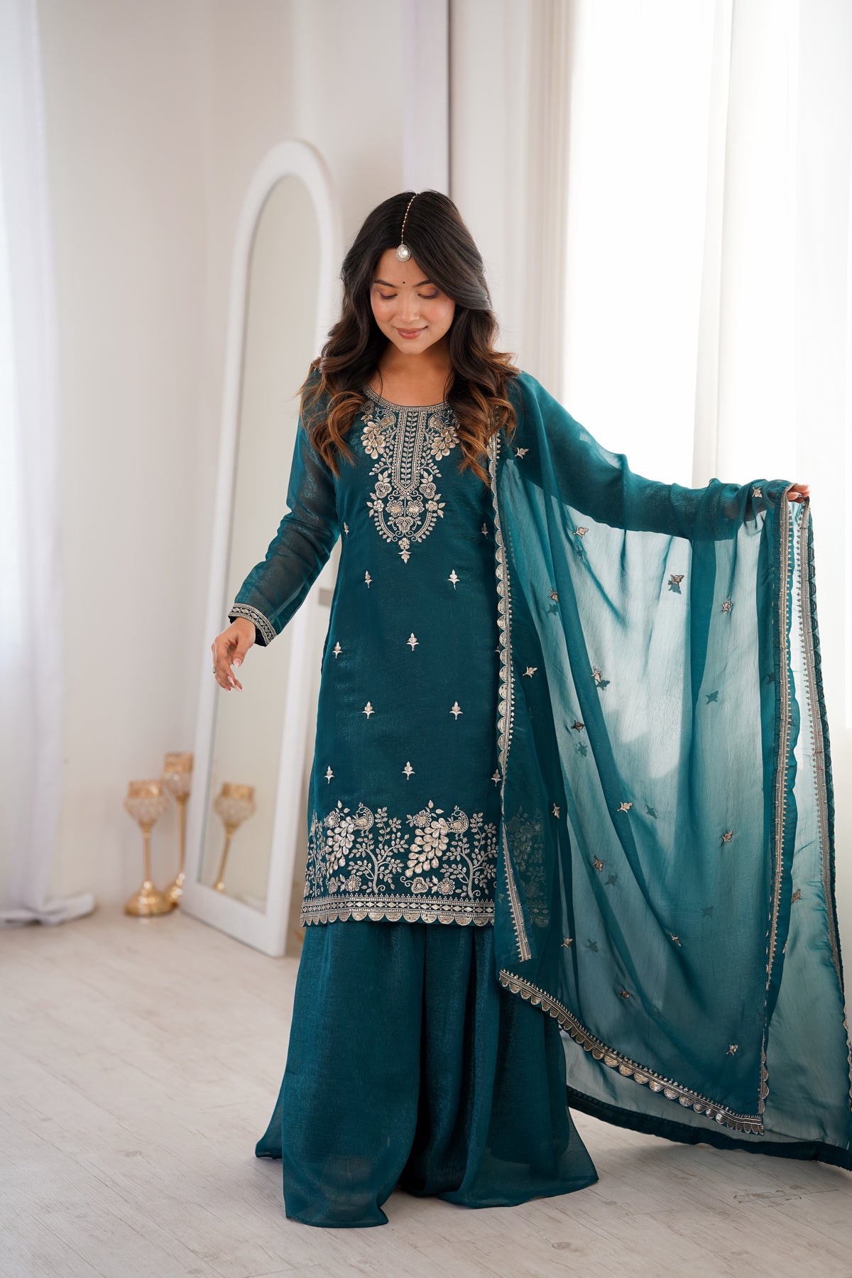 Crunchy Silk Embroidered Sharara Set with Sequin, Thread & Jari Work Dupatta