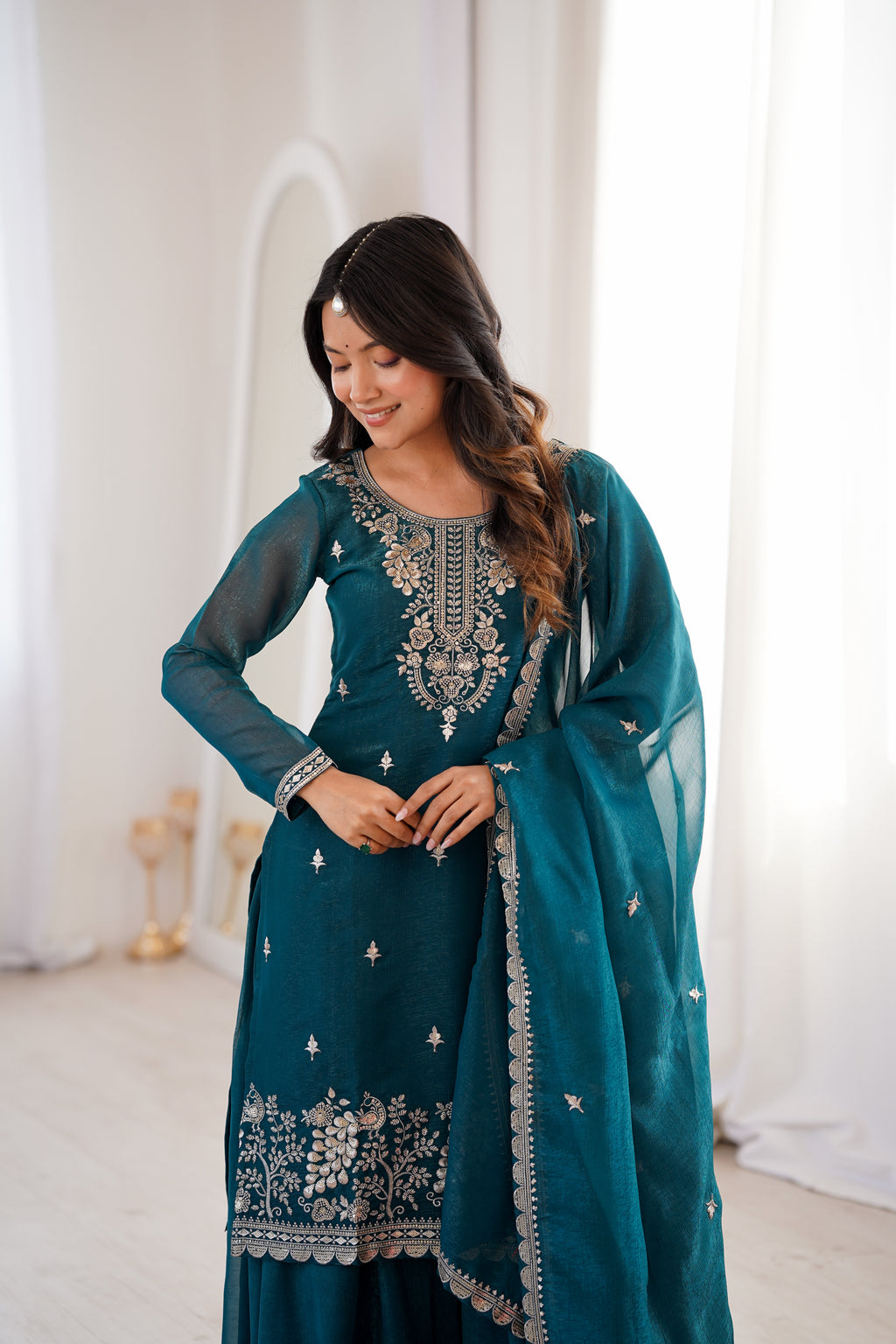 Crunchy Silk Embroidered Sharara Set with Sequin, Thread & Jari Work Dupatta