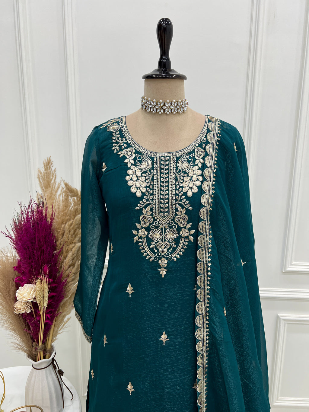 Crunchy Silk Embroidered Sharara Set with Sequin, Thread & Jari Work Dupatta