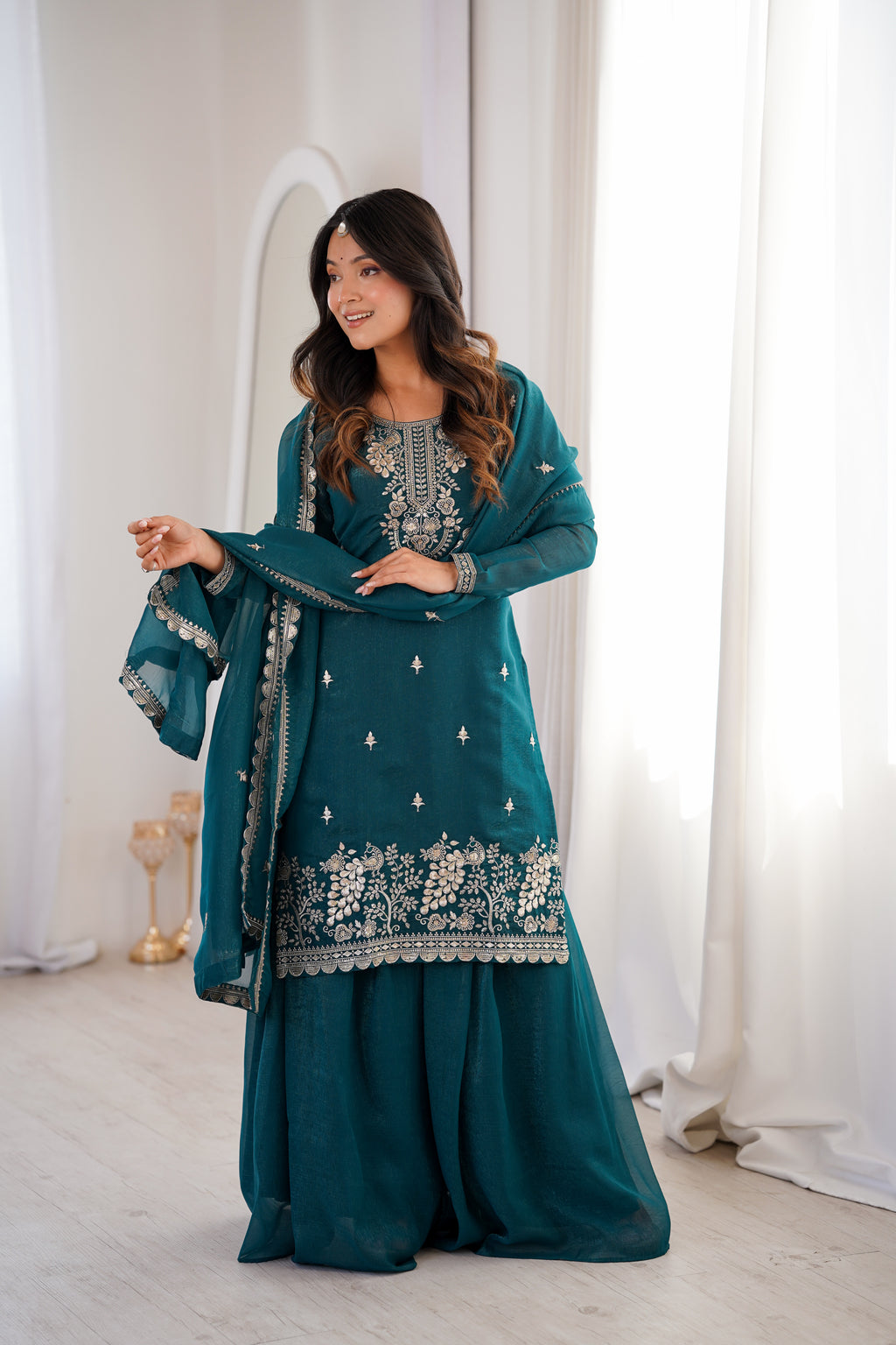 Crunchy Silk Embroidered Sharara Set with Sequin, Thread & Jari Work Dupatta