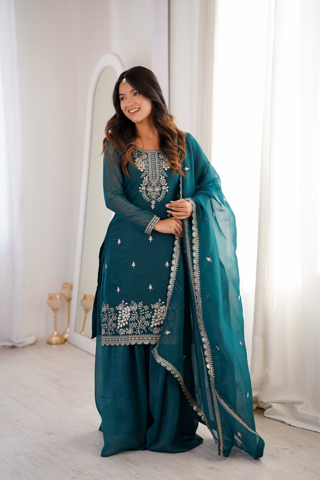 Crunchy Silk Embroidered Sharara Set with Sequin, Thread & Jari Work Dupatta