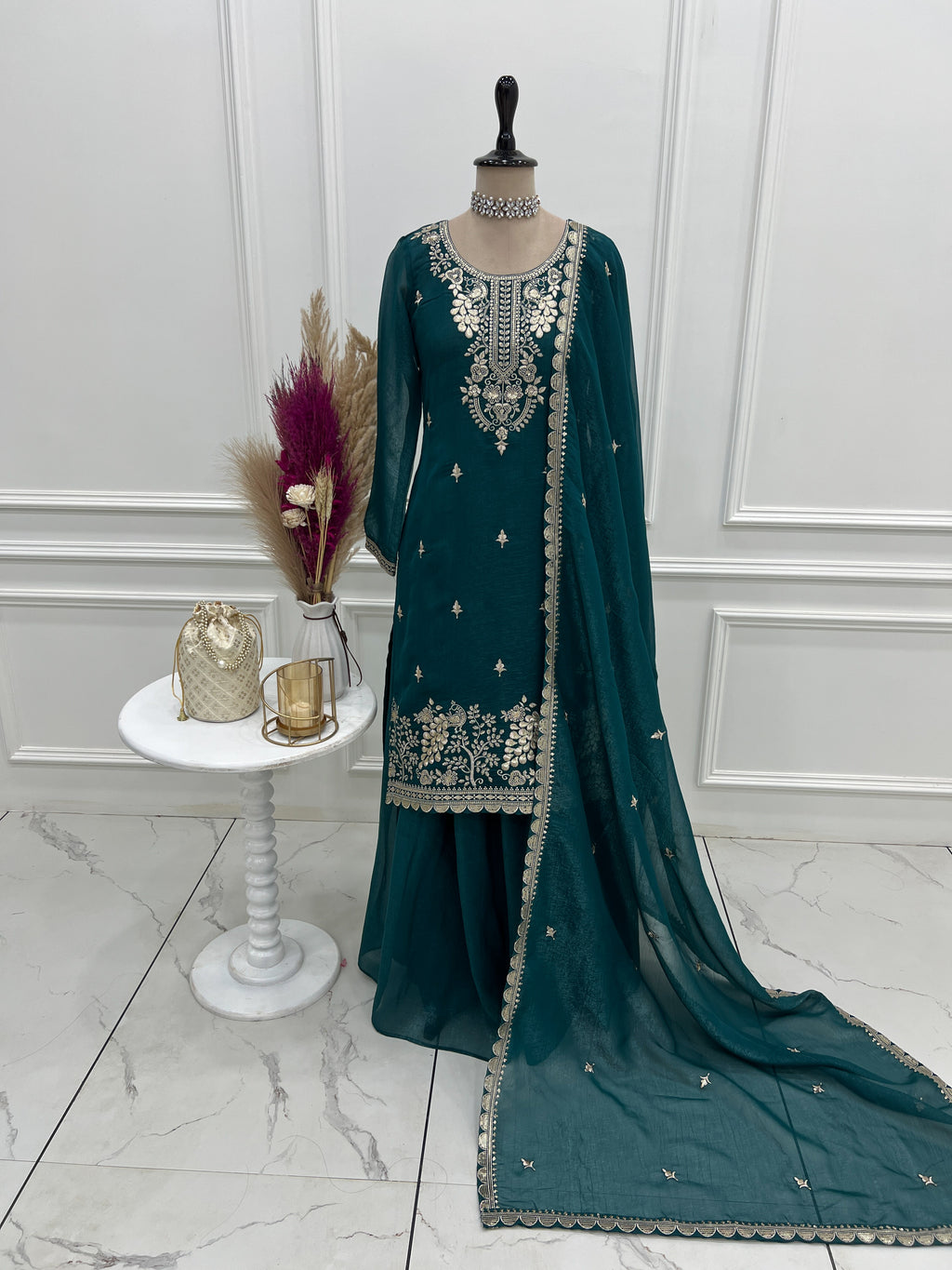 Crunchy Silk Embroidered Sharara Set with Sequin, Thread & Jari Work Dupatta