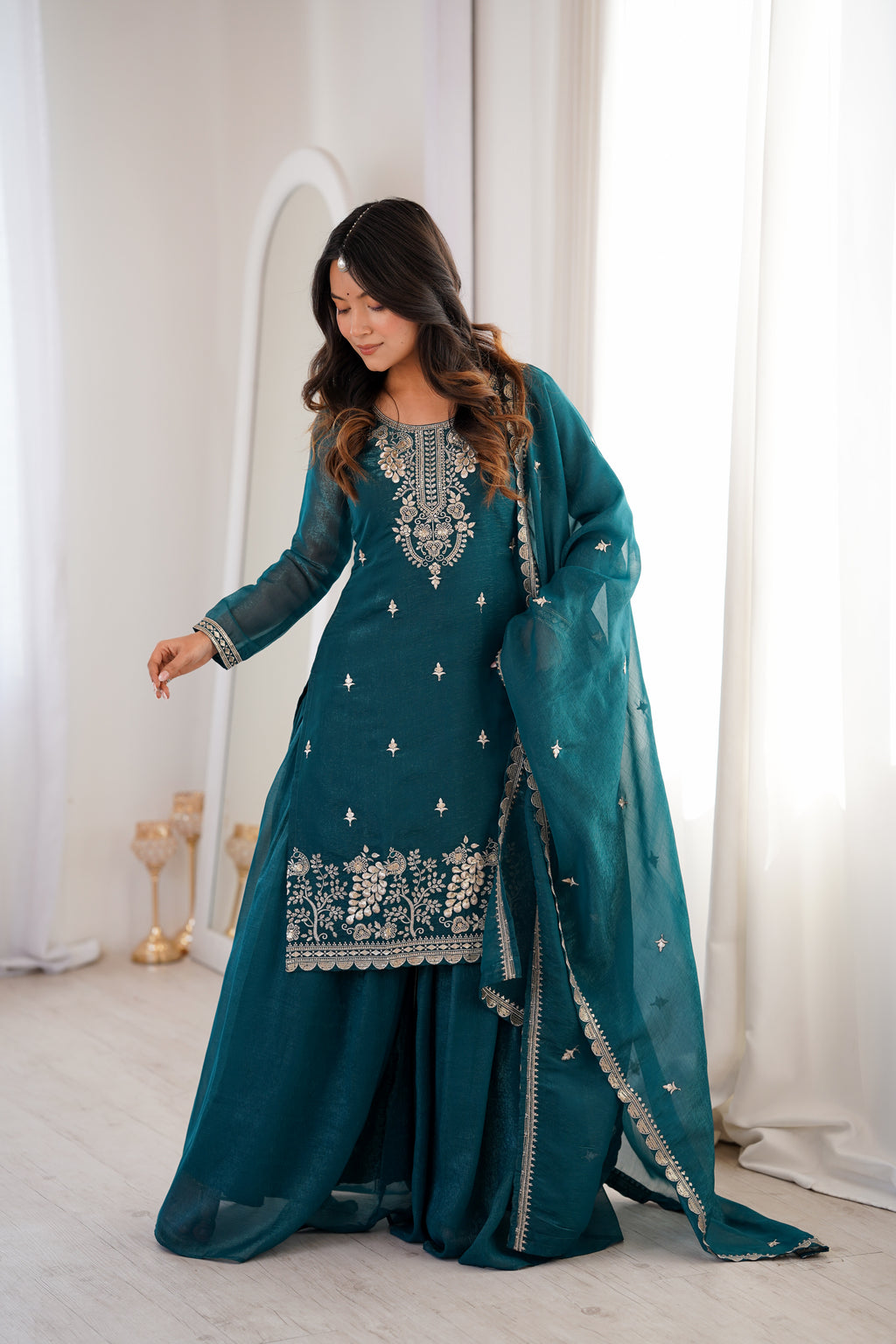 Crunchy Silk Embroidered Sharara Set with Sequin, Thread & Jari Work Dupatta