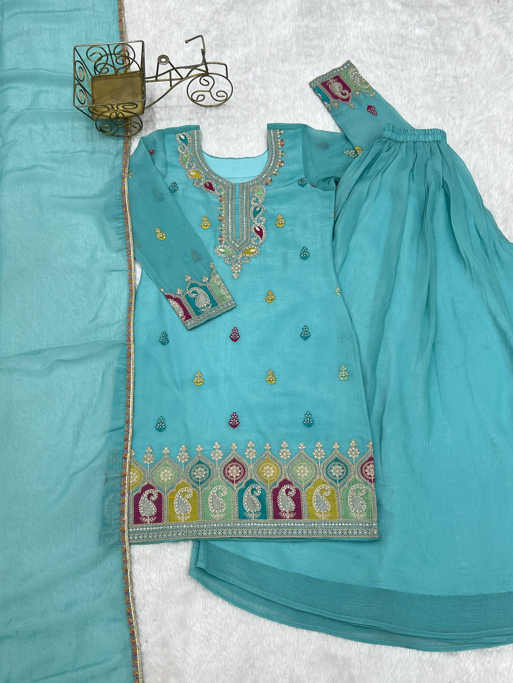 Sky Blue Crunchy Silk Sharara Set with Embroidery, Jari Work & Multicolor Lace Dupatta
