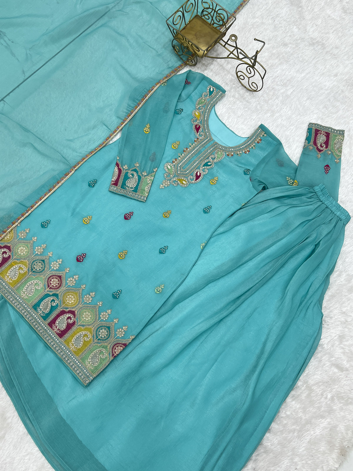 Sky Blue Crunchy Silk Sharara Set with Embroidery, Jari Work & Multicolor Lace Dupatta