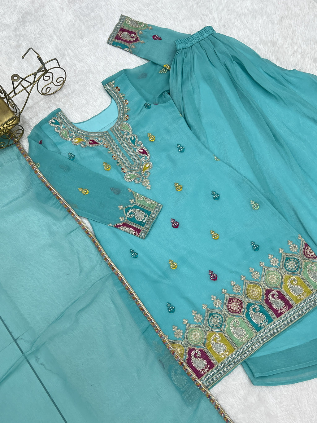 Sky Blue Crunchy Silk Sharara Set with Embroidery, Jari Work & Multicolor Lace Dupatta
