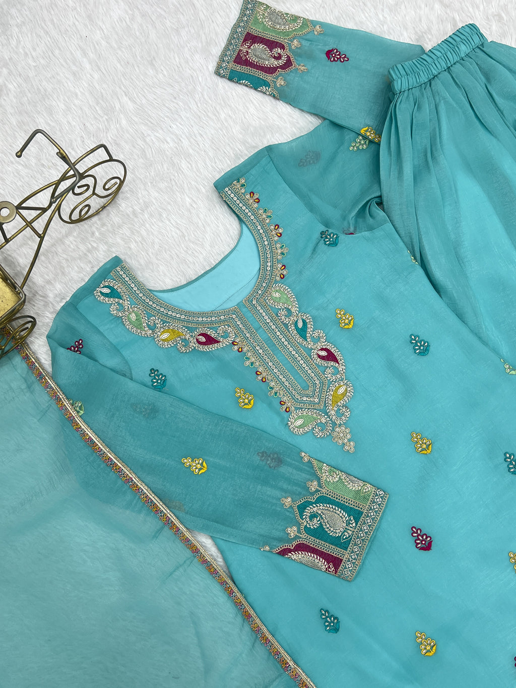 Sky Blue Crunchy Silk Sharara Set with Embroidery, Jari Work & Multicolor Lace Dupatta