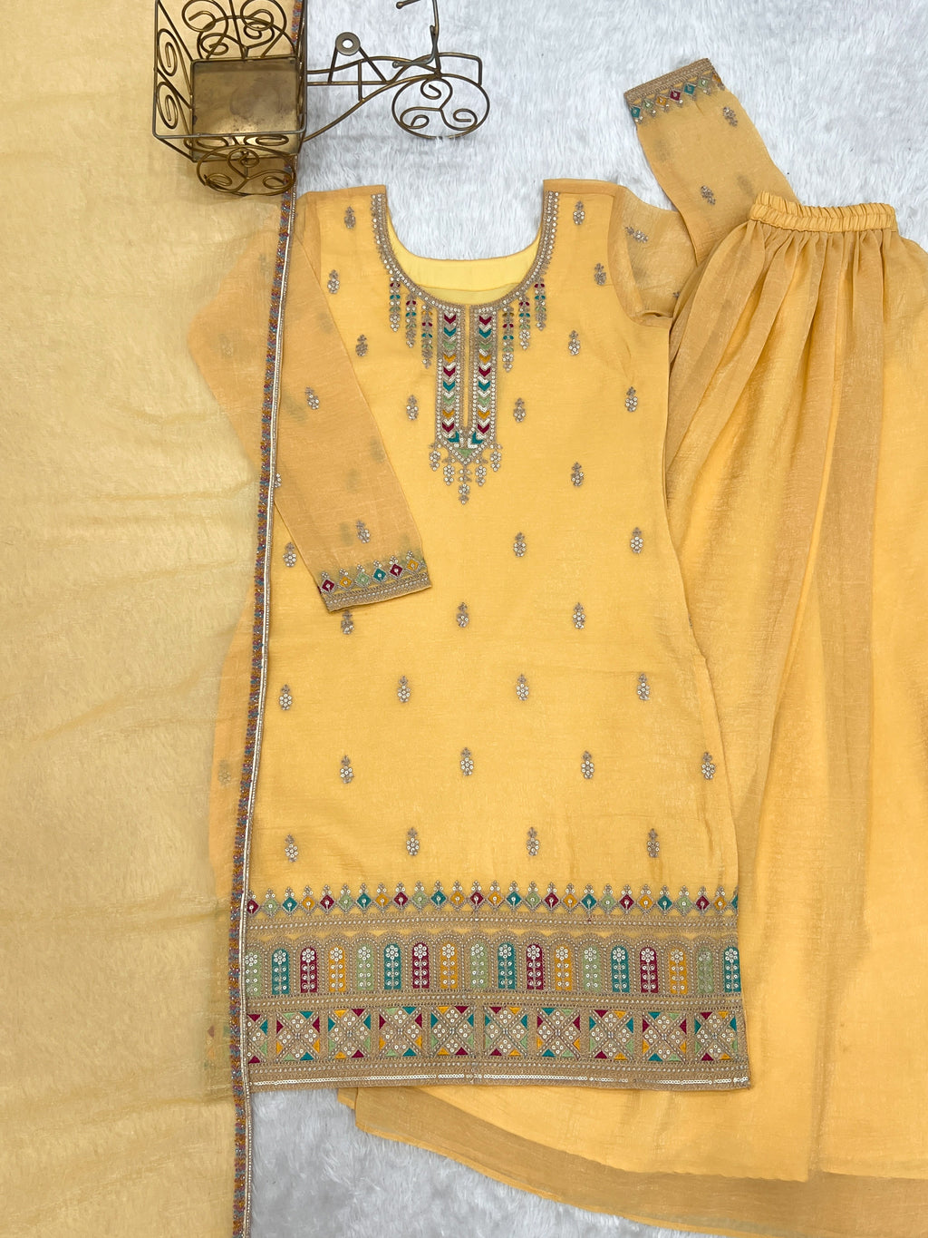 Premium Crunchy Silk Embroidered Sharara Set with Multicolor Lace Dupatta
