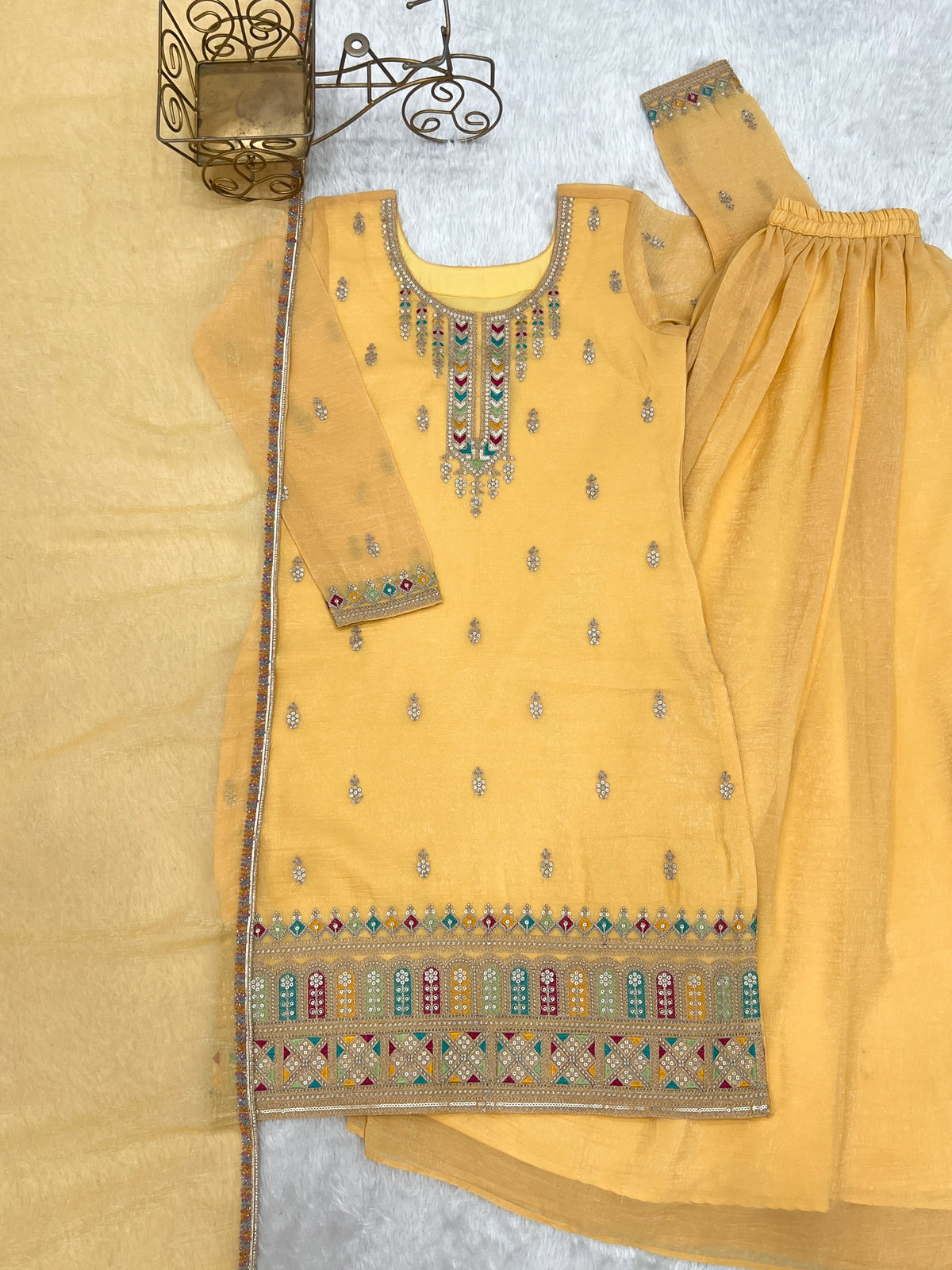 Premium Crunchy Silk Embroidered Sharara Set with Multicolor Lace Dupatta