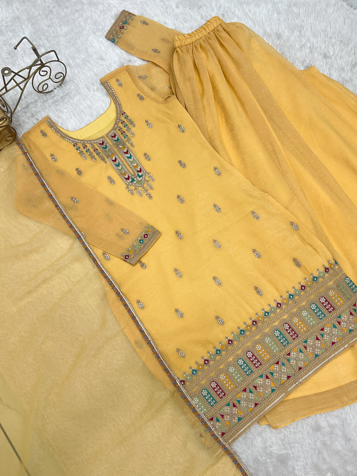 Premium Crunchy Silk Embroidered Sharara Set with Multicolor Lace Dupatta