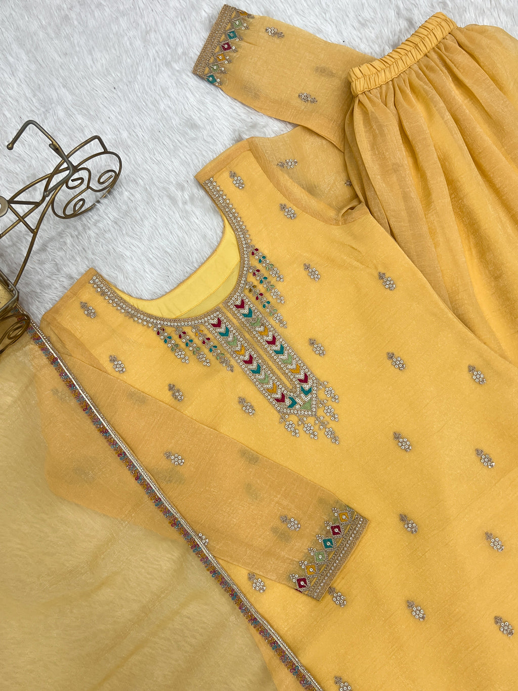 Premium Crunchy Silk Embroidered Sharara Set with Multicolor Lace Dupatta