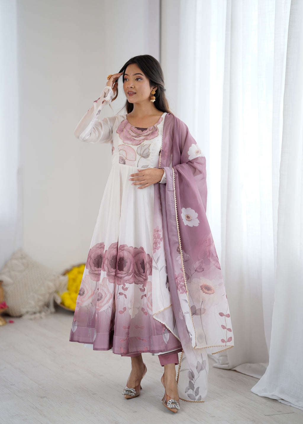 Violet & Onion Pink Floral Organza Silk Anarkali Gown with Gota Patti Dupatta & Pant Set