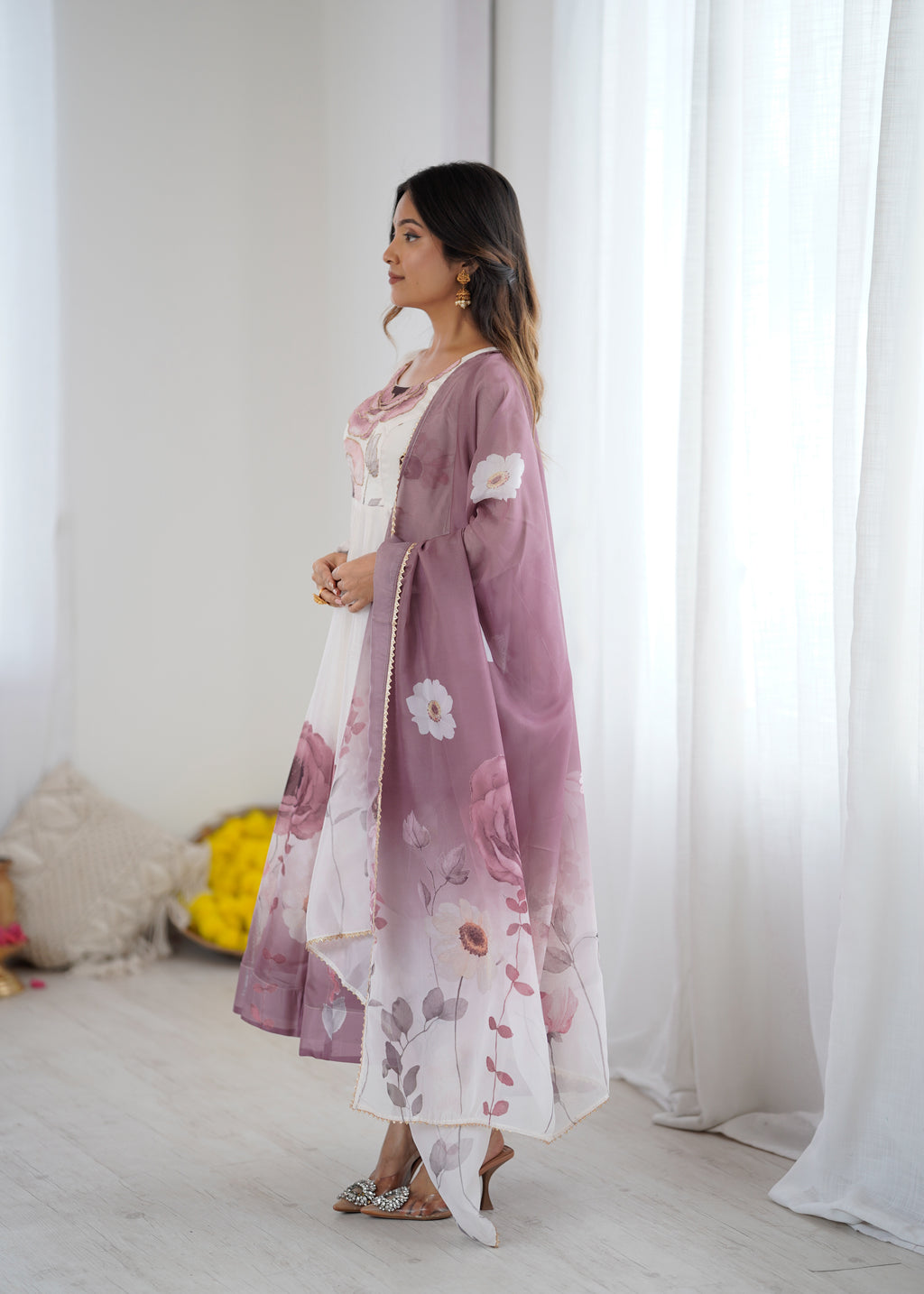 Violet & Onion Pink Floral Organza Silk Anarkali Gown with Gota Patti Dupatta & Pant Set
