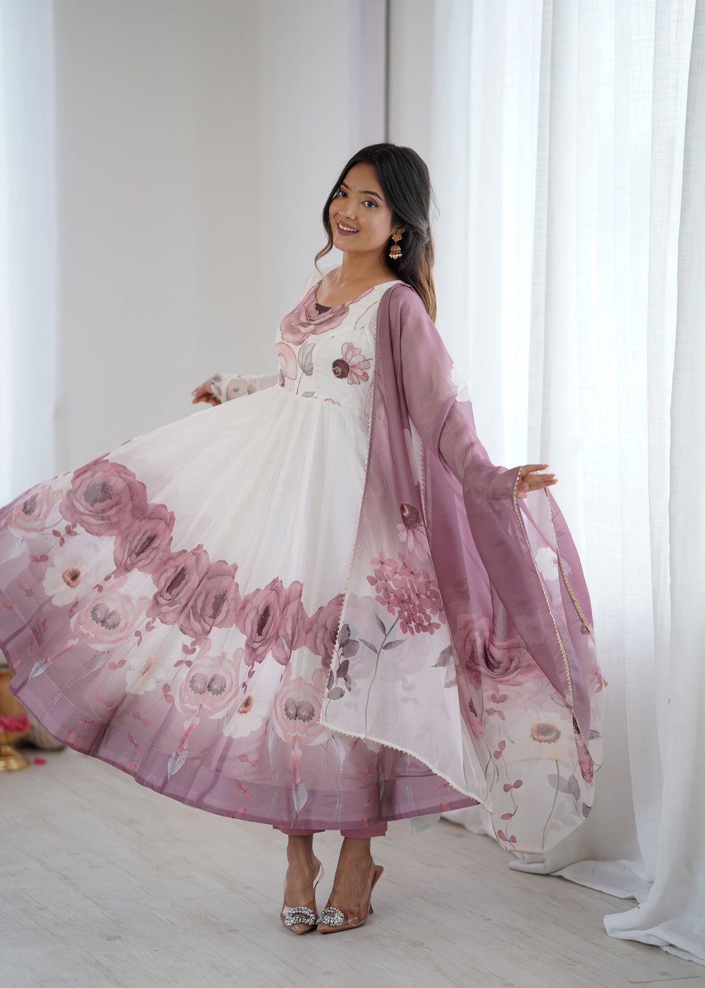 Violet & Onion Pink Floral Organza Silk Anarkali Gown with Gota Patti Dupatta & Pant Set