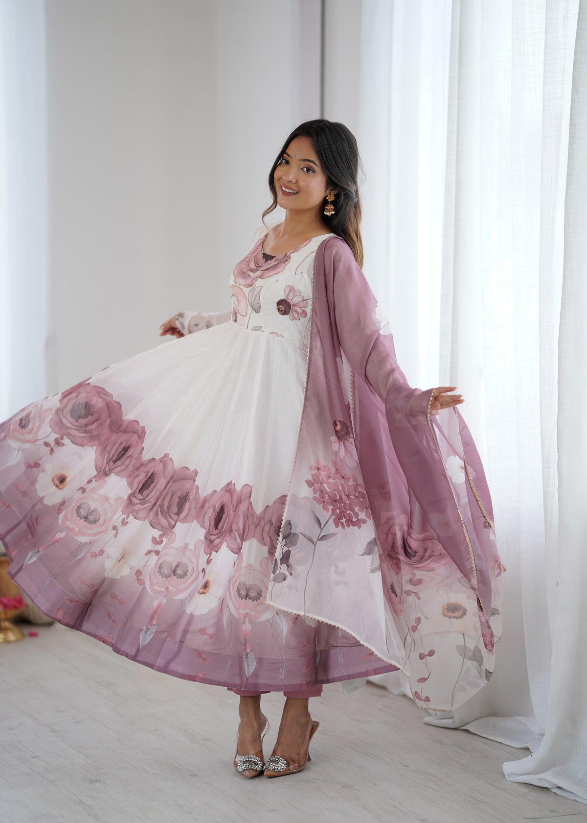 Violet & Onion Pink Floral Organza Silk Anarkali Gown with Gota Patti Dupatta & Pant Set