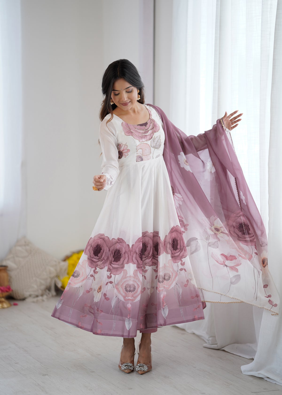 Violet & Onion Pink Floral Organza Silk Anarkali Gown with Gota Patti Dupatta & Pant Set