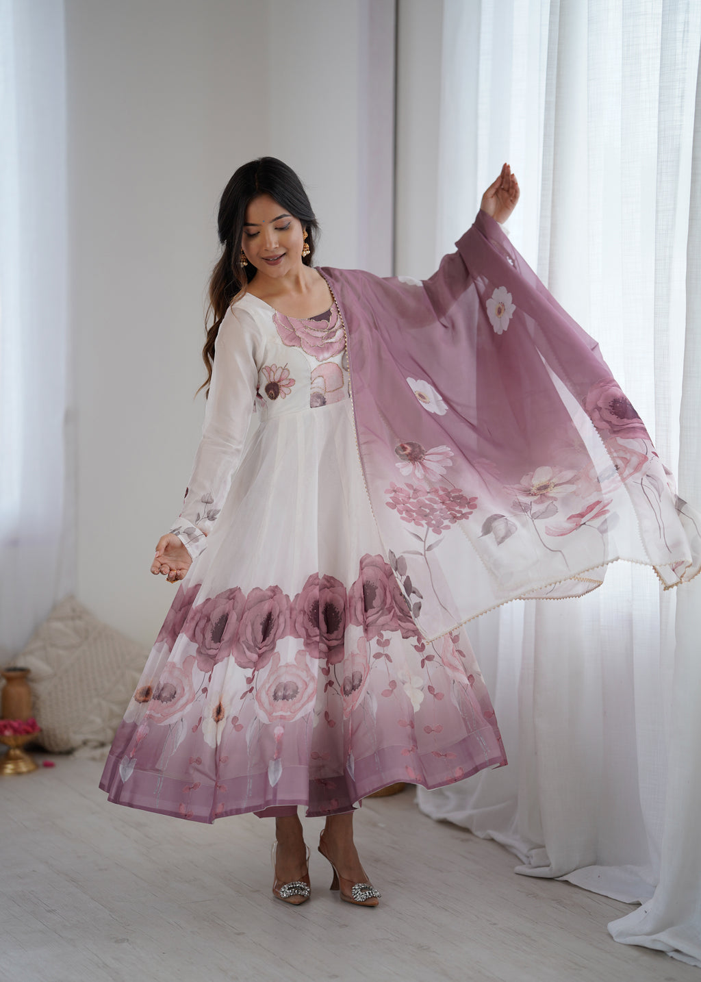 Violet & Onion Pink Floral Organza Silk Anarkali Gown with Gota Patti Dupatta & Pant Set