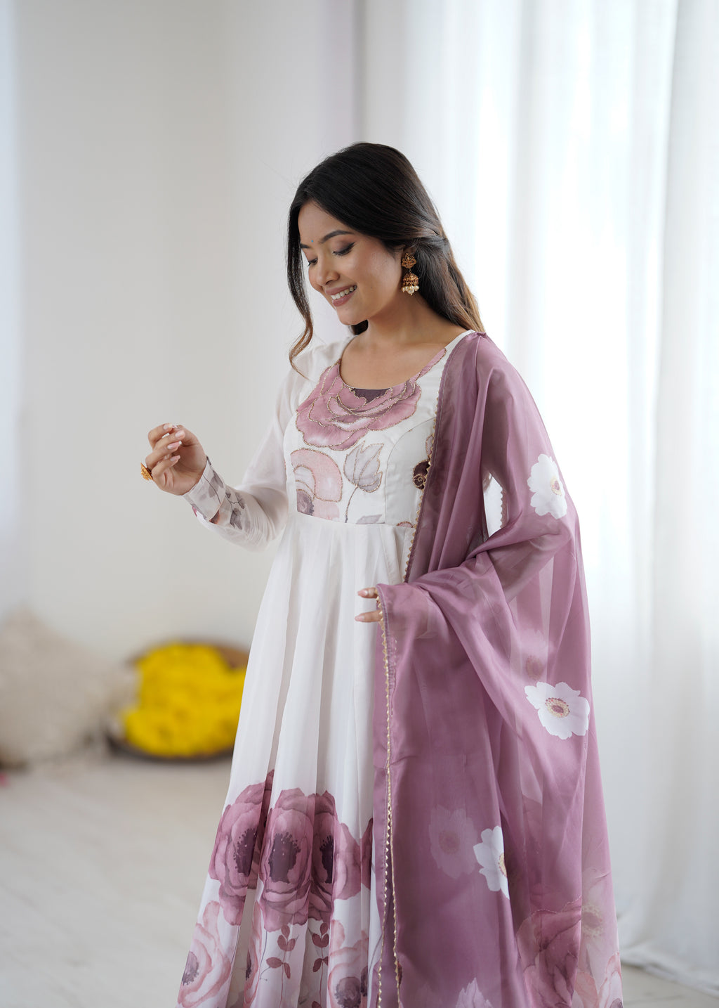 Violet & Onion Pink Floral Organza Silk Anarkali Gown with Gota Patti Dupatta & Pant Set
