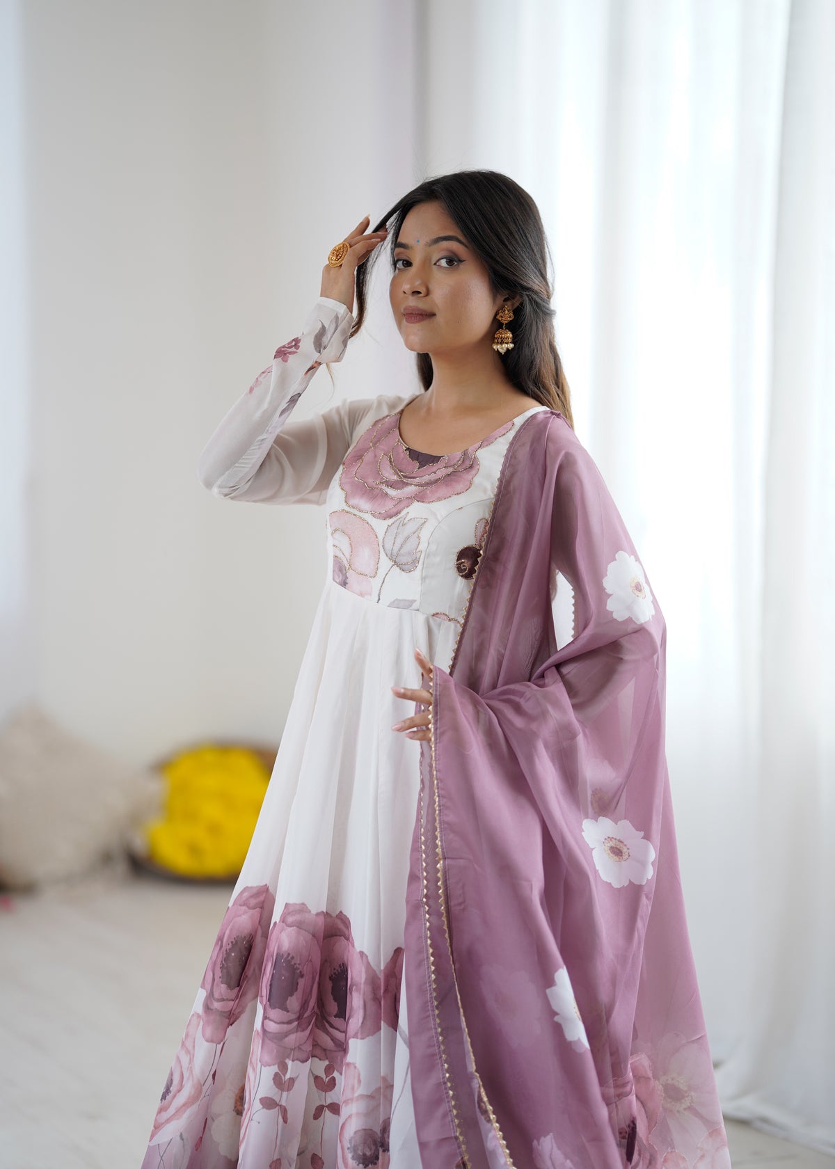 Violet & Onion Pink Floral Organza Silk Anarkali Gown with Gota Patti Dupatta & Pant Set