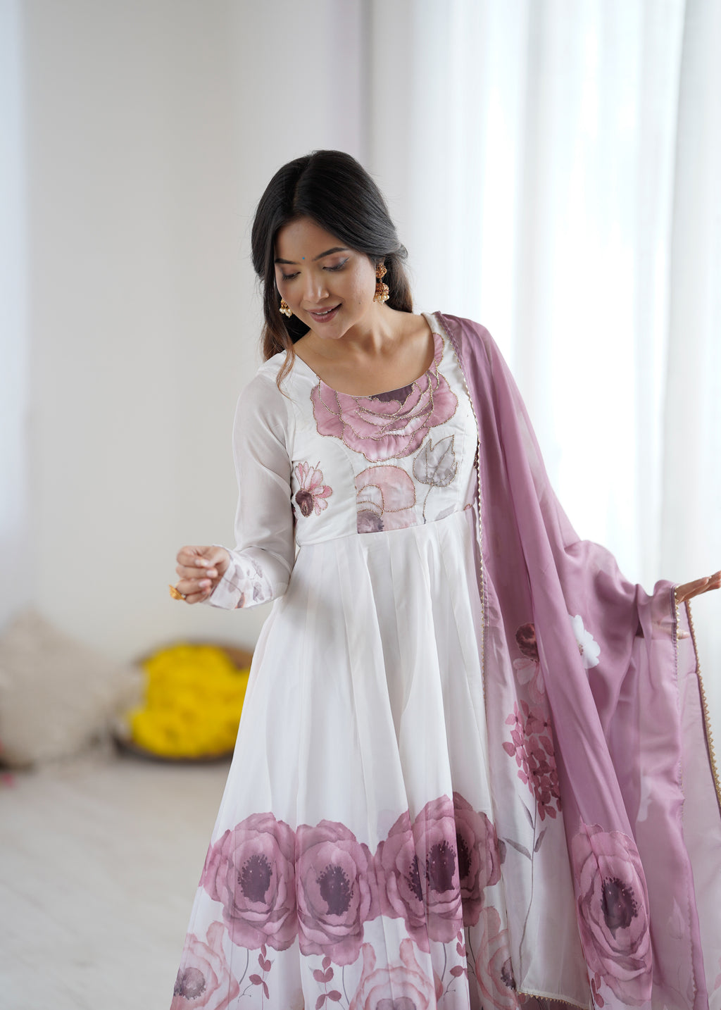 Violet & Onion Pink Floral Organza Silk Anarkali Gown with Gota Patti Dupatta & Pant Set