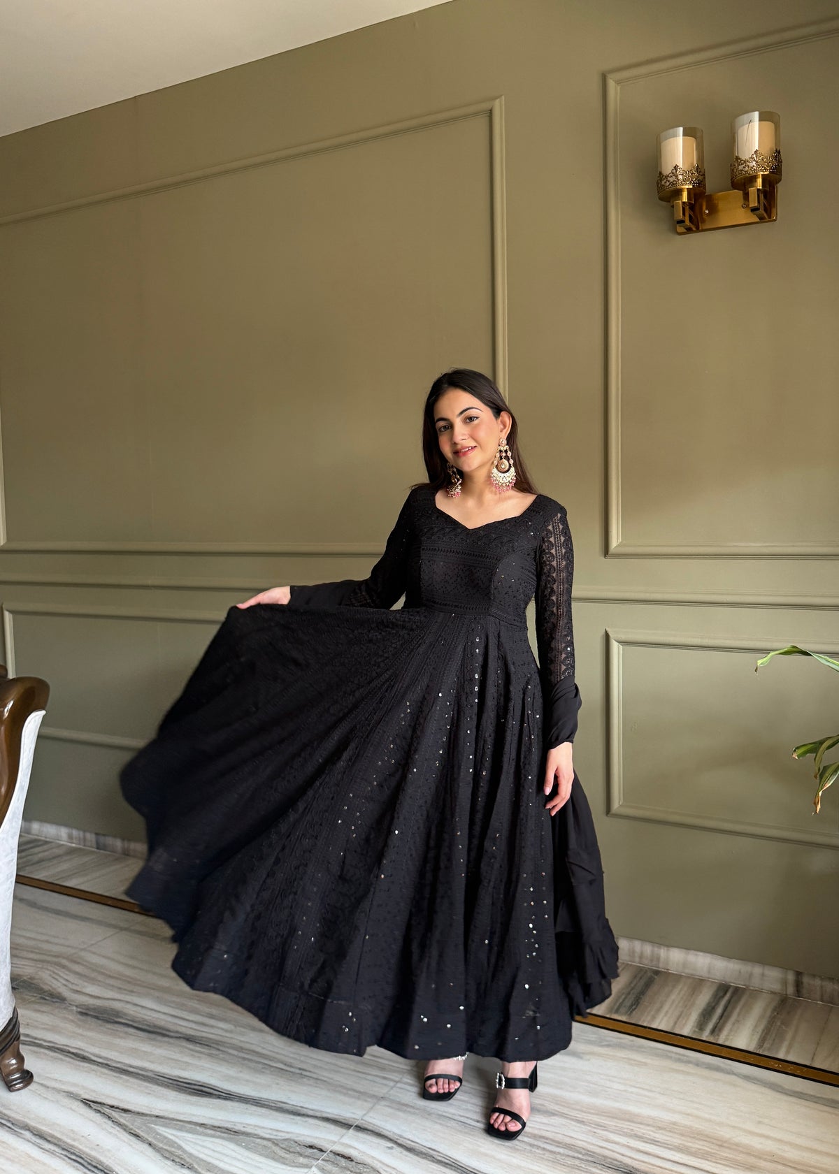 Lucknowi Fox Georgette Anarkali with Ruffle Dupatta & Pant Set