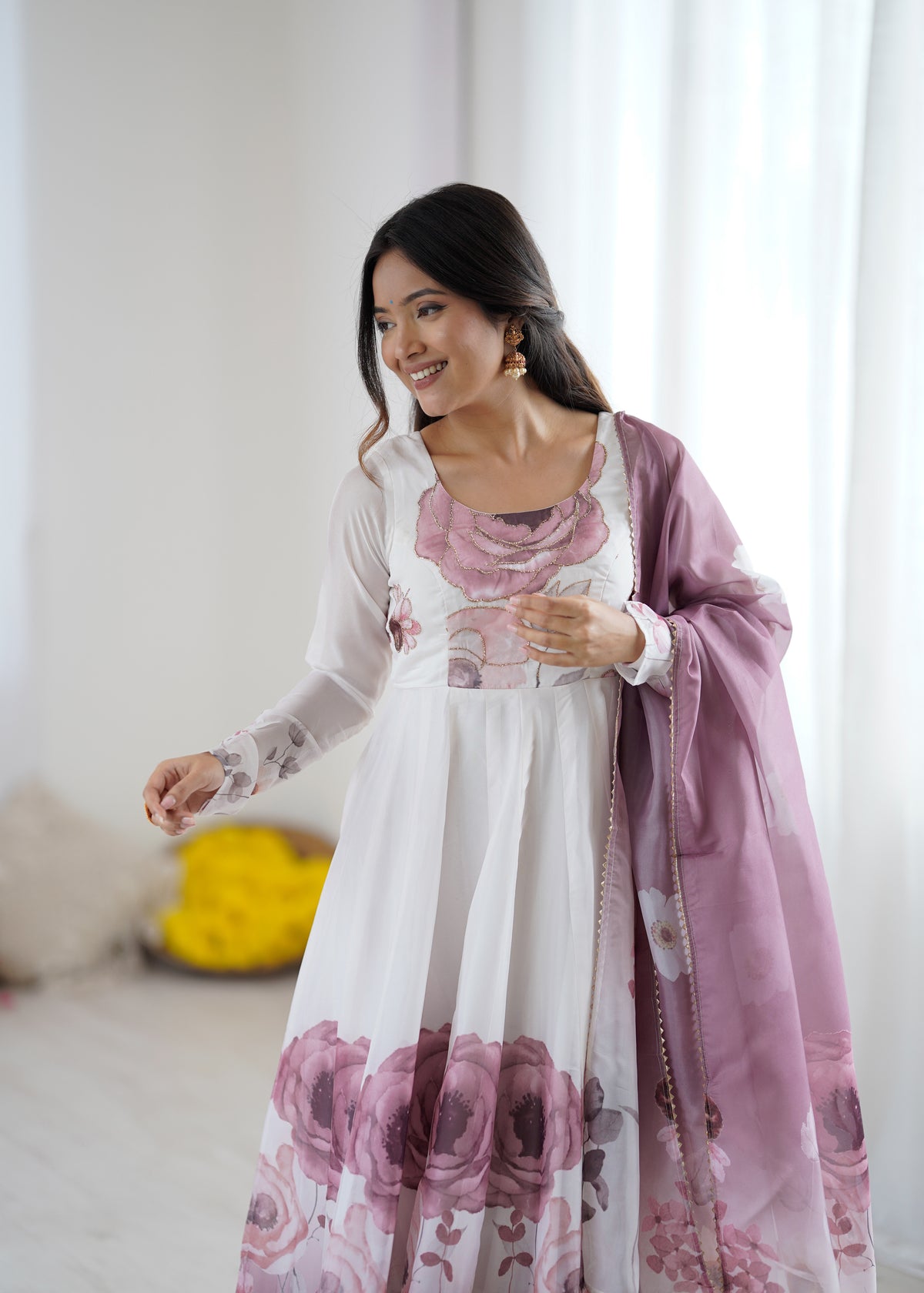 Violet & Onion Pink Floral Organza Silk Anarkali Gown with Gota Patti Dupatta & Pant Set