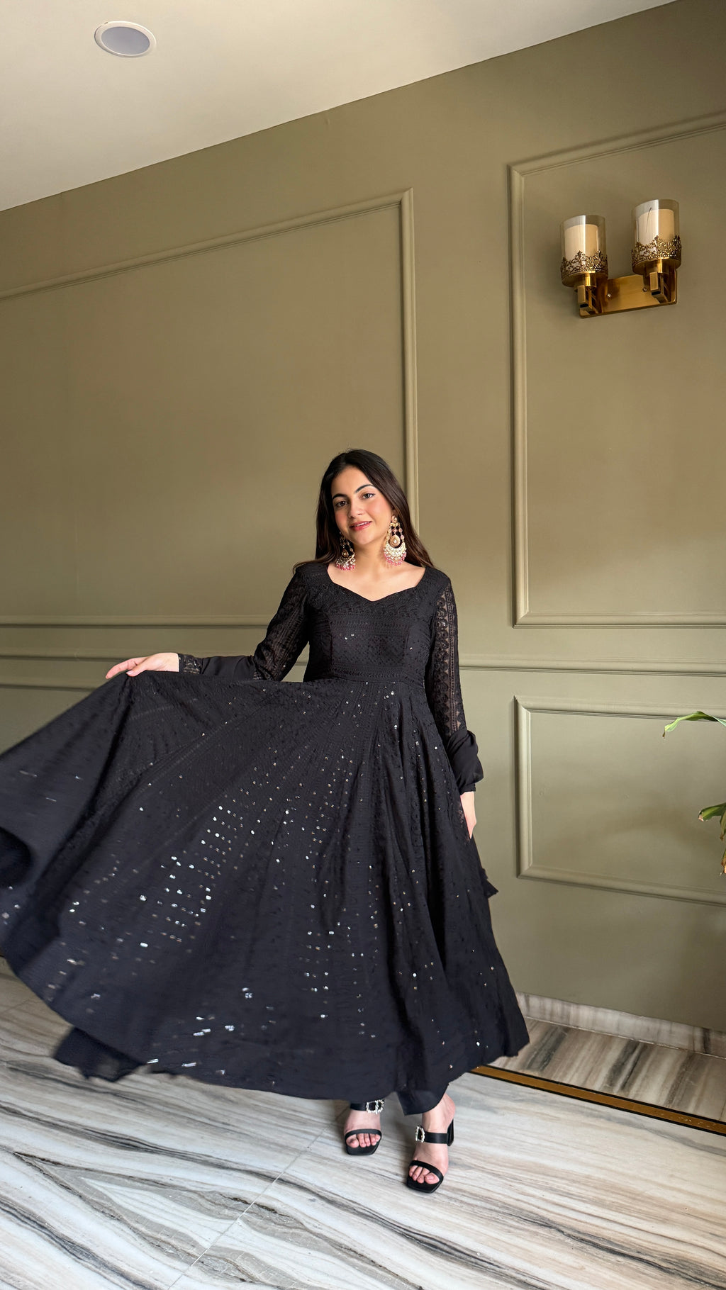 Lucknowi Fox Georgette Anarkali with Ruffle Dupatta & Pant Set