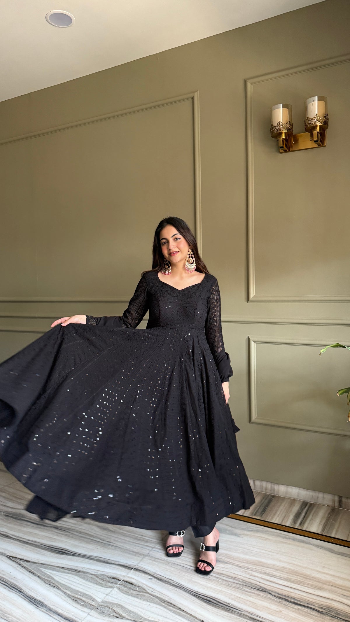 Lucknowi Fox Georgette Anarkali with Ruffle Dupatta & Pant Set