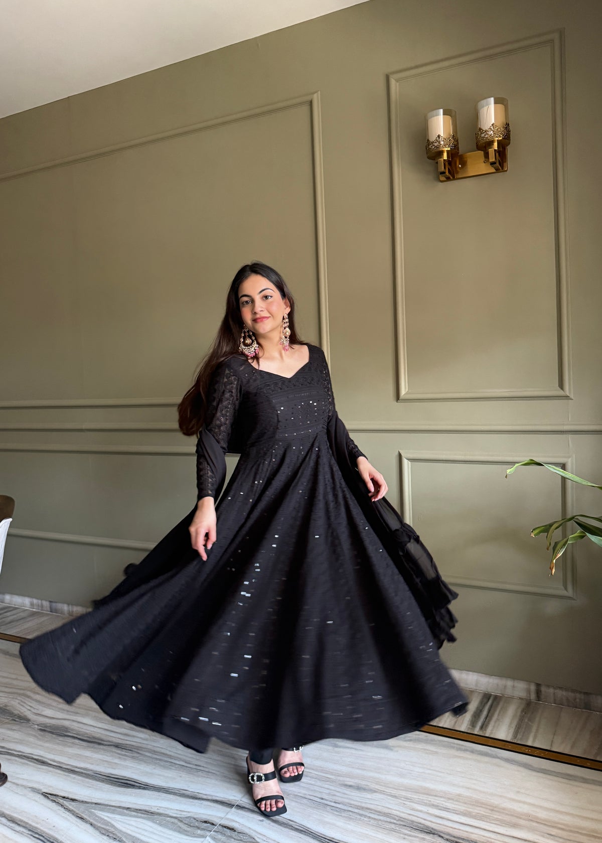 Lucknowi Fox Georgette Anarkali with Ruffle Dupatta & Pant Set