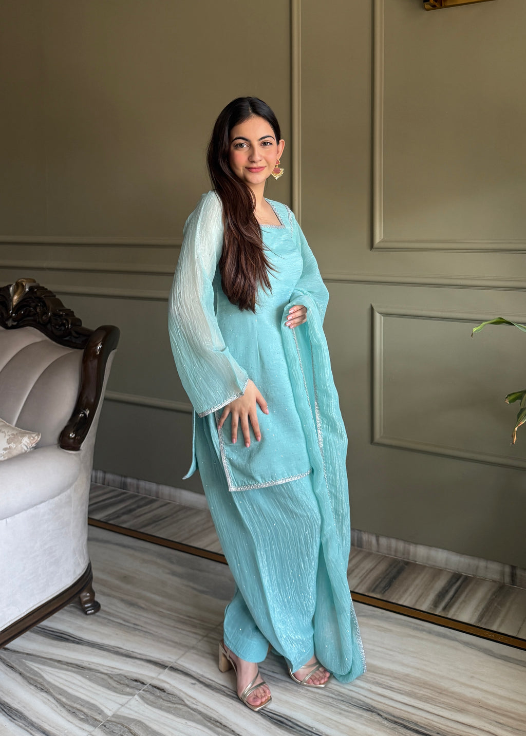 Crunchy Silk Siroki Diamond Work Farshi Salwar Suit with Lace Dupatta
