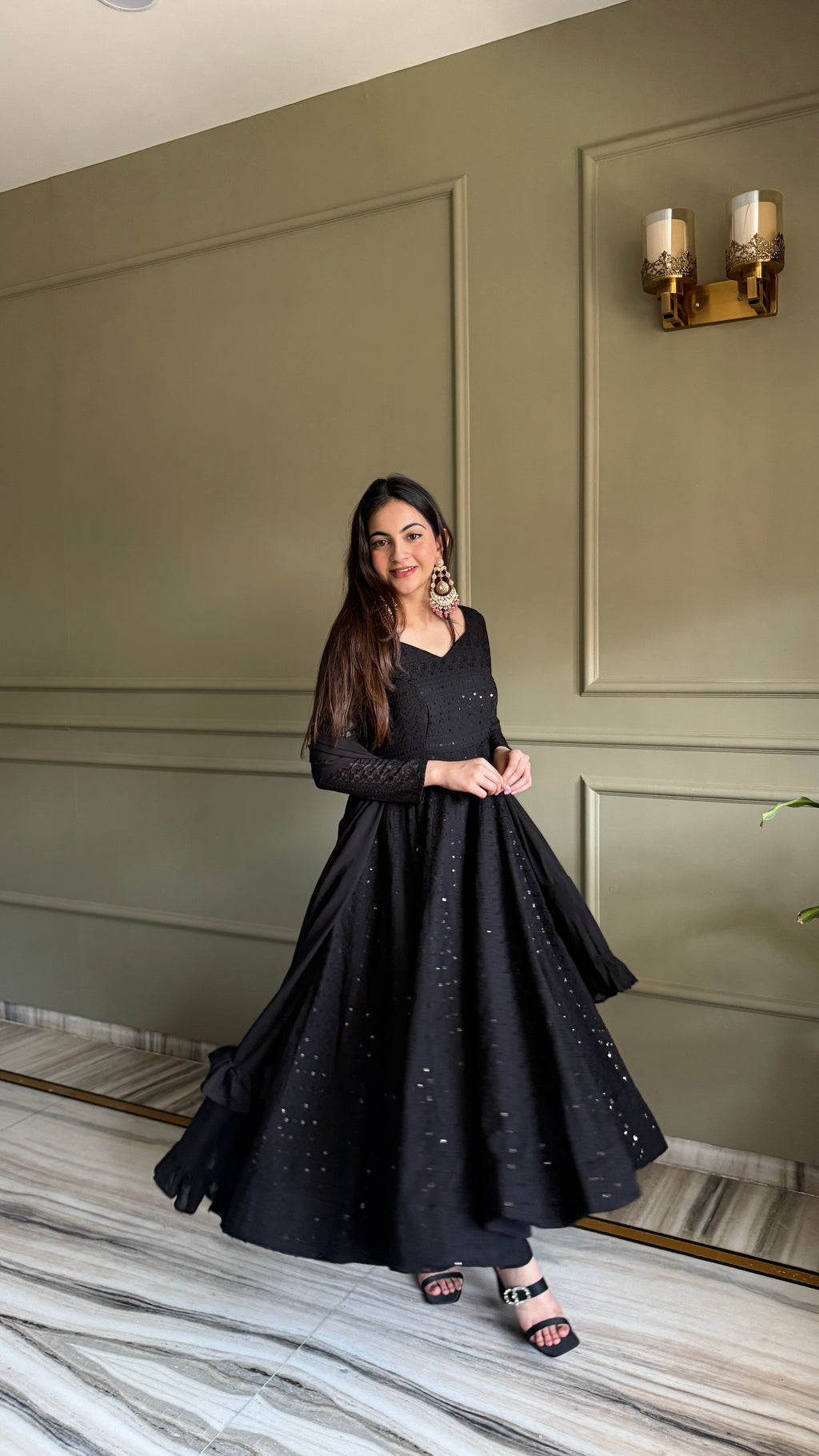 Lucknowi Fox Georgette Anarkali with Ruffle Dupatta & Pant Set