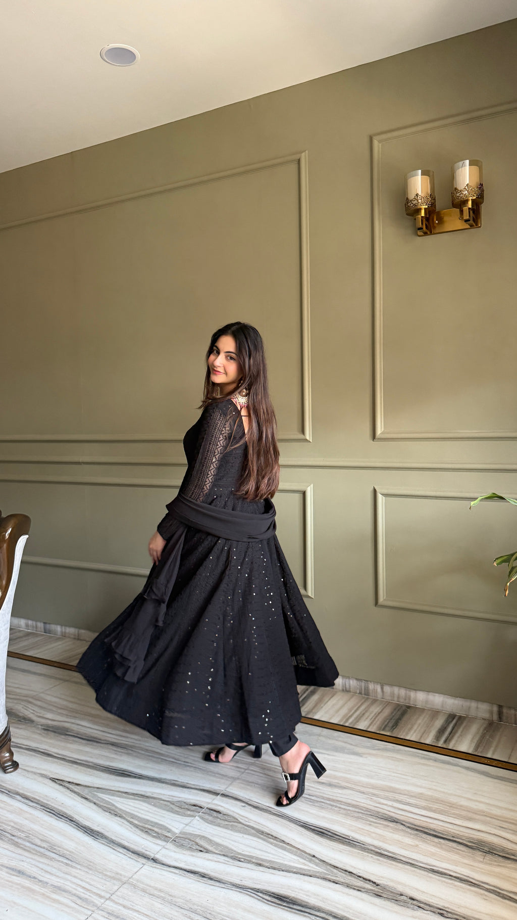 Lucknowi Fox Georgette Anarkali with Ruffle Dupatta & Pant Set